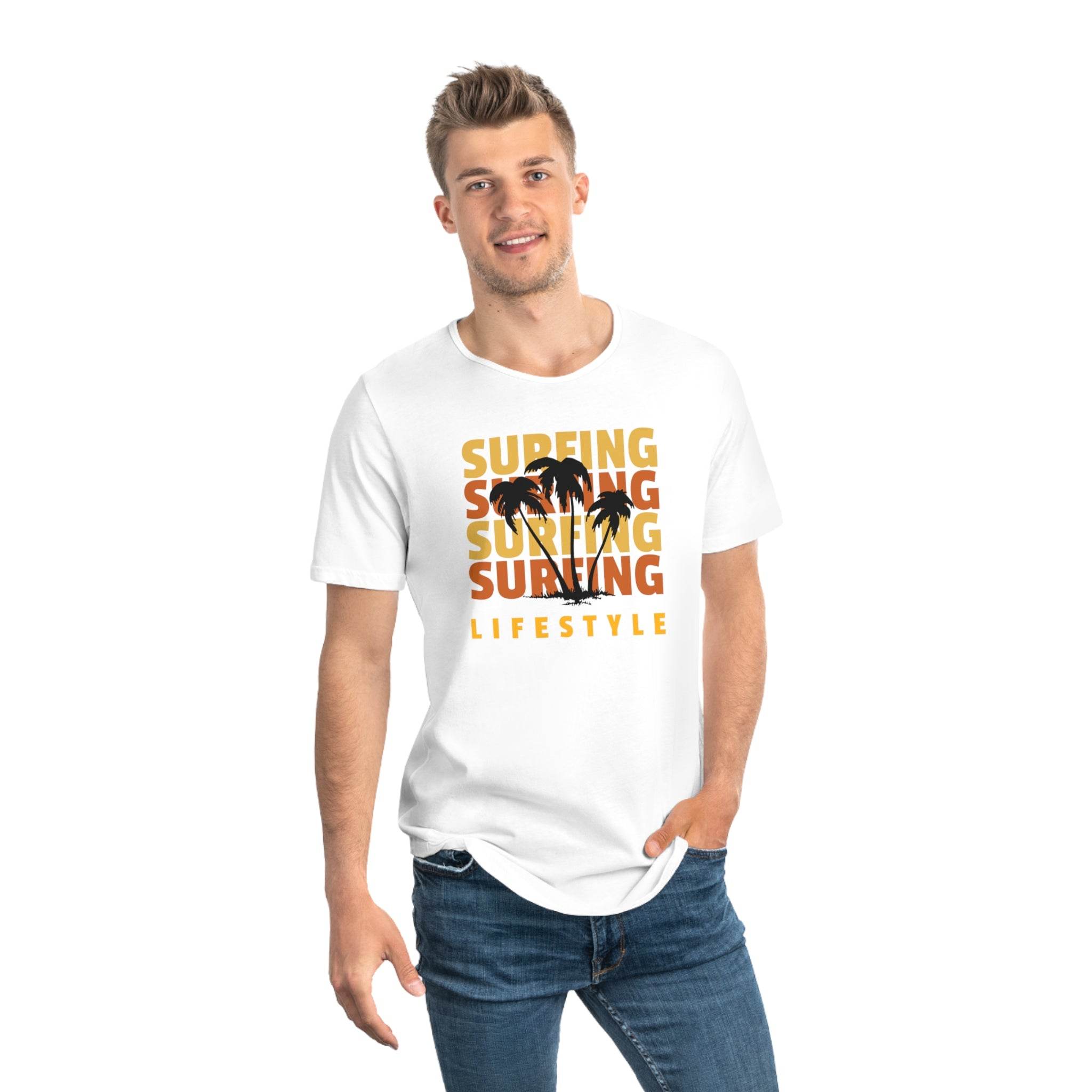 Printify eco friendly surfing t shirt with palm tree design worn by smiling man in jeans