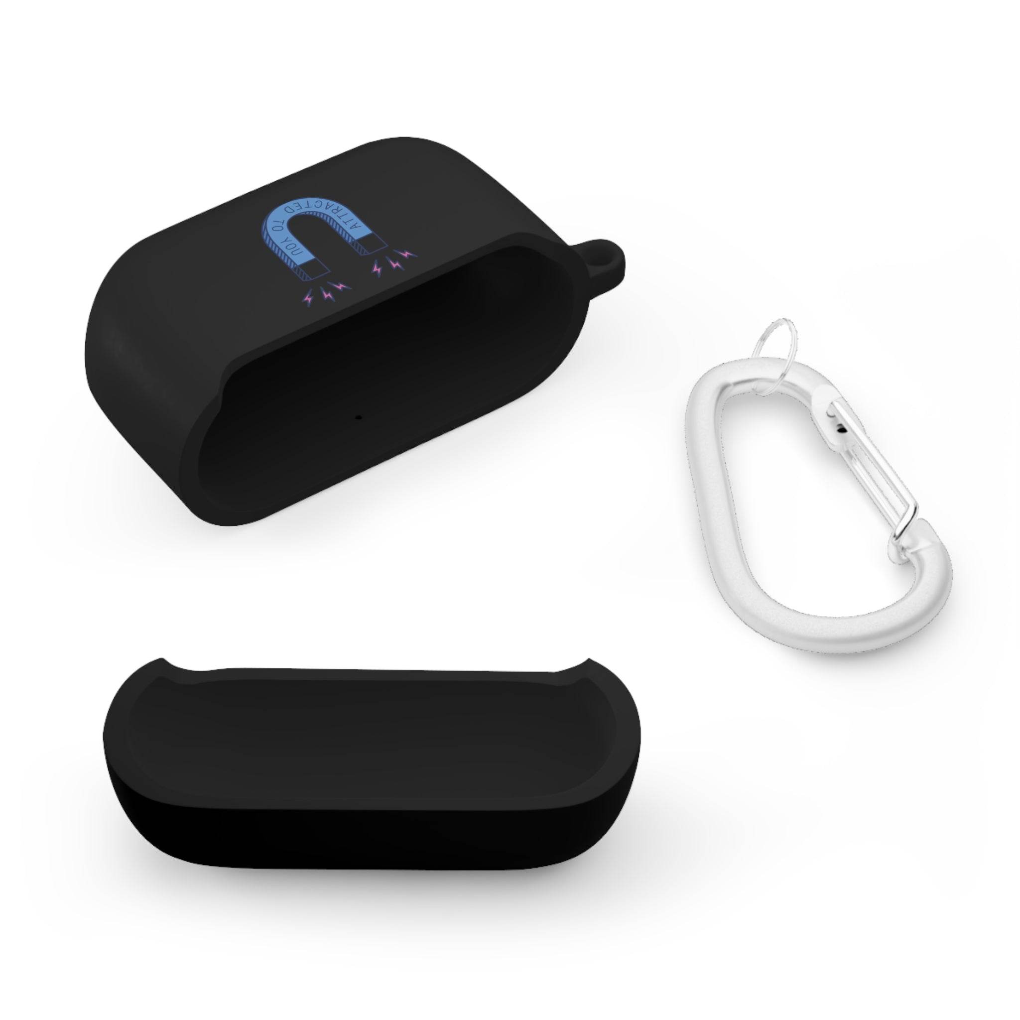 Black Printify sustainable AirPods Pro cover with magnetic design and white carabiner clip