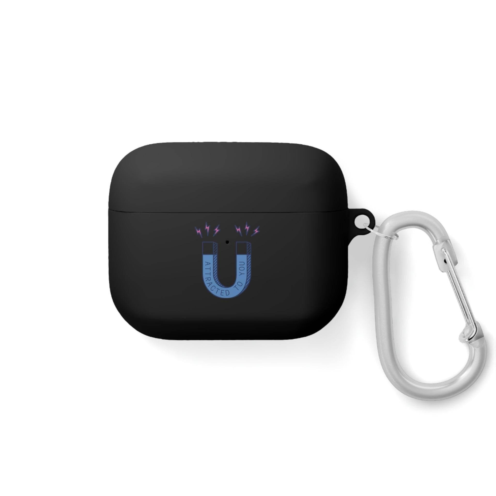 Printify black sustainable AirPods Pro cover with magnet graphic and attached silver carabiner clip