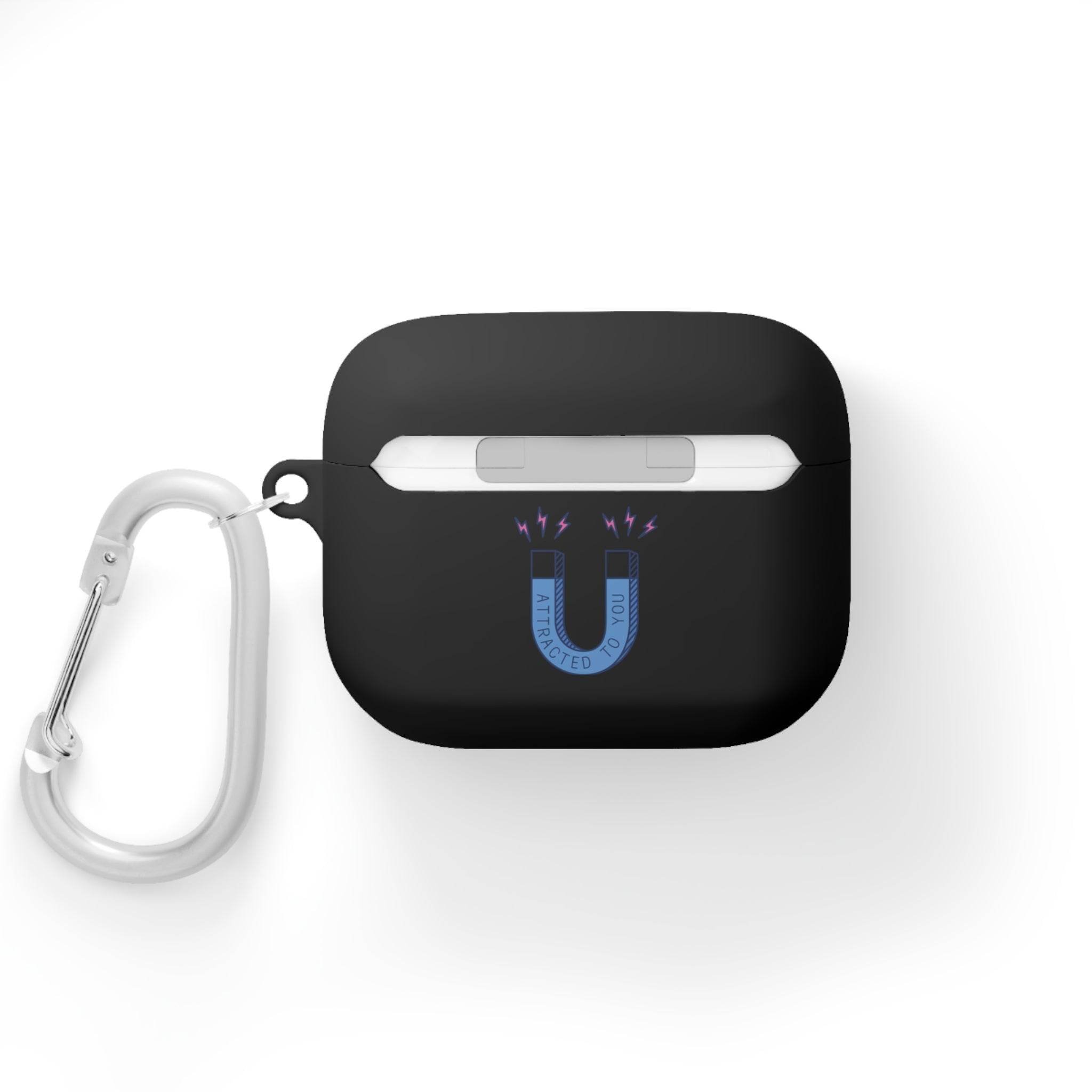Printify black sustainable AirPods Pro cover with blue magnet design and silver carabiner clip