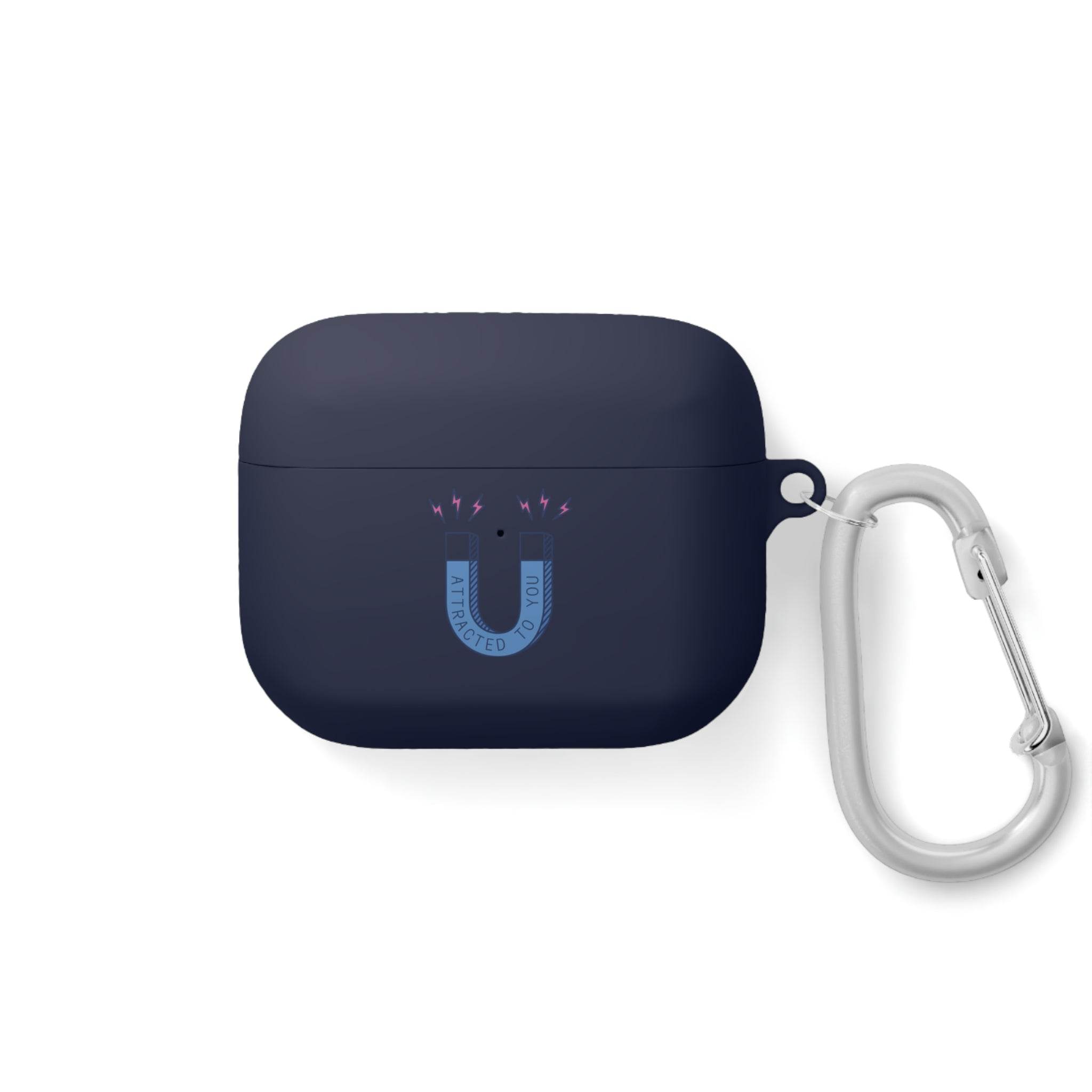 Printify sustainable AirPods Pro cover in dark navy with magnet design and attached carabiner clip