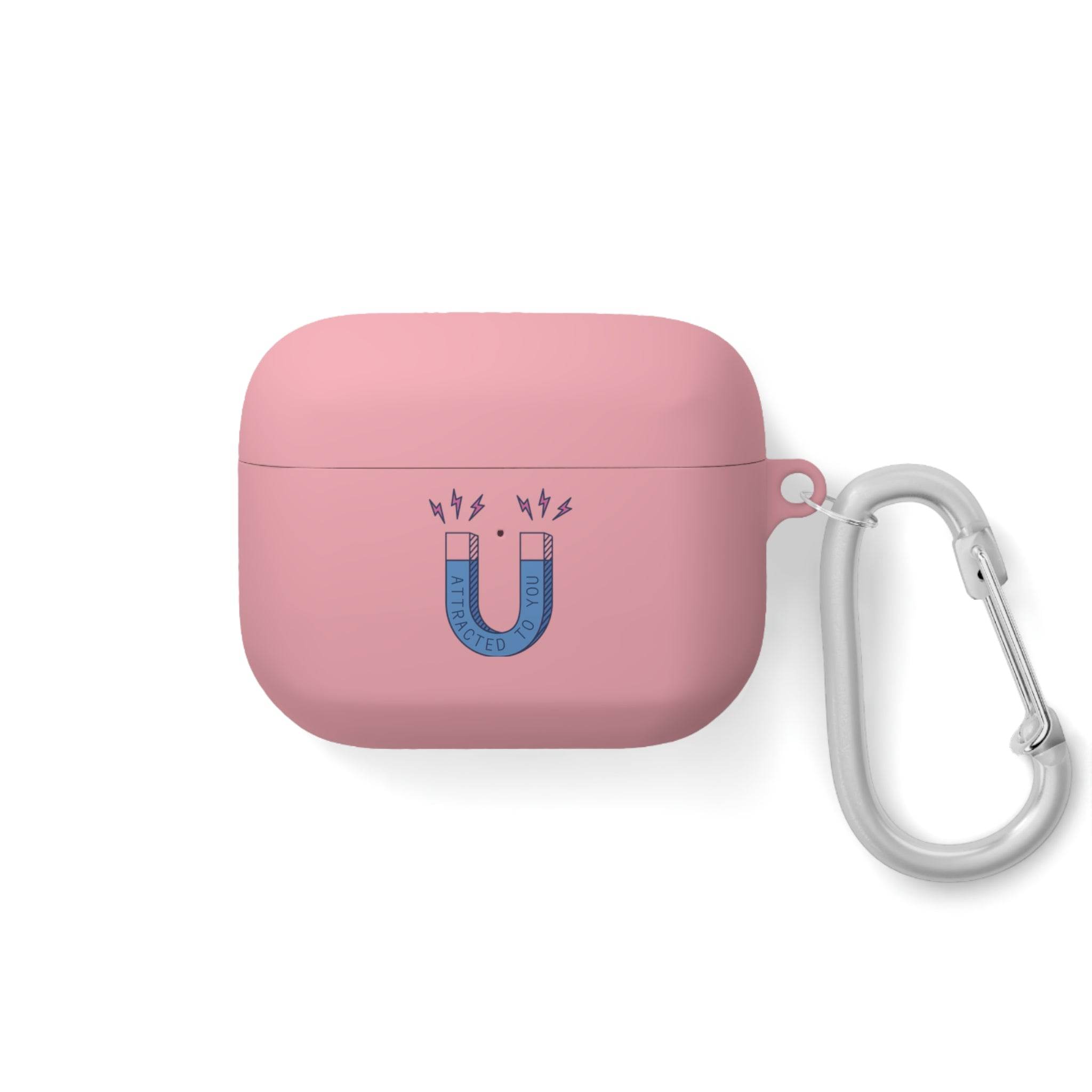 Printify pink sustainable AirPods Pro cover with magnet design and attached silver carabiner clip