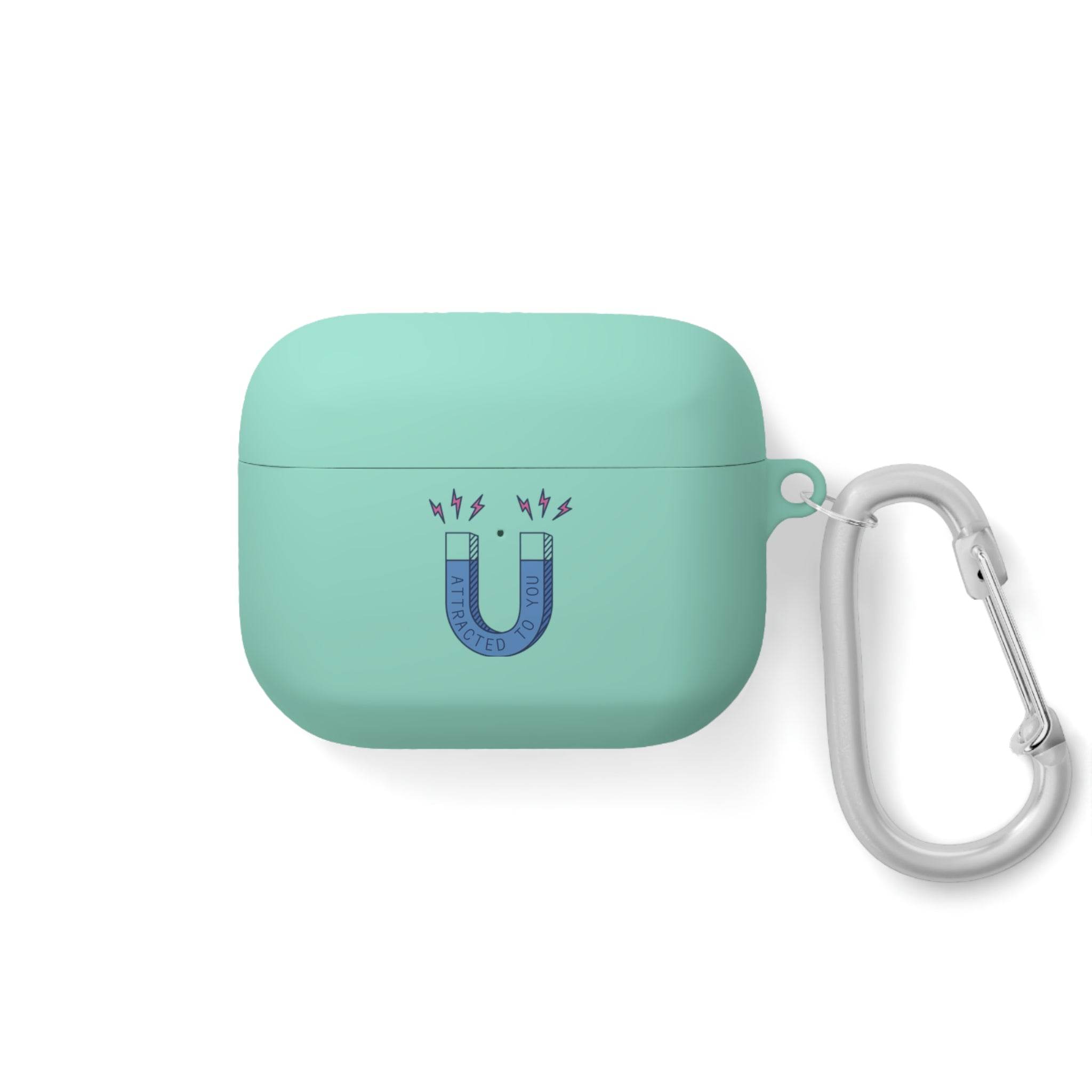 Printify sustainable AirPods Pro cover in mint green with magnet graphic and attached silver carabiner