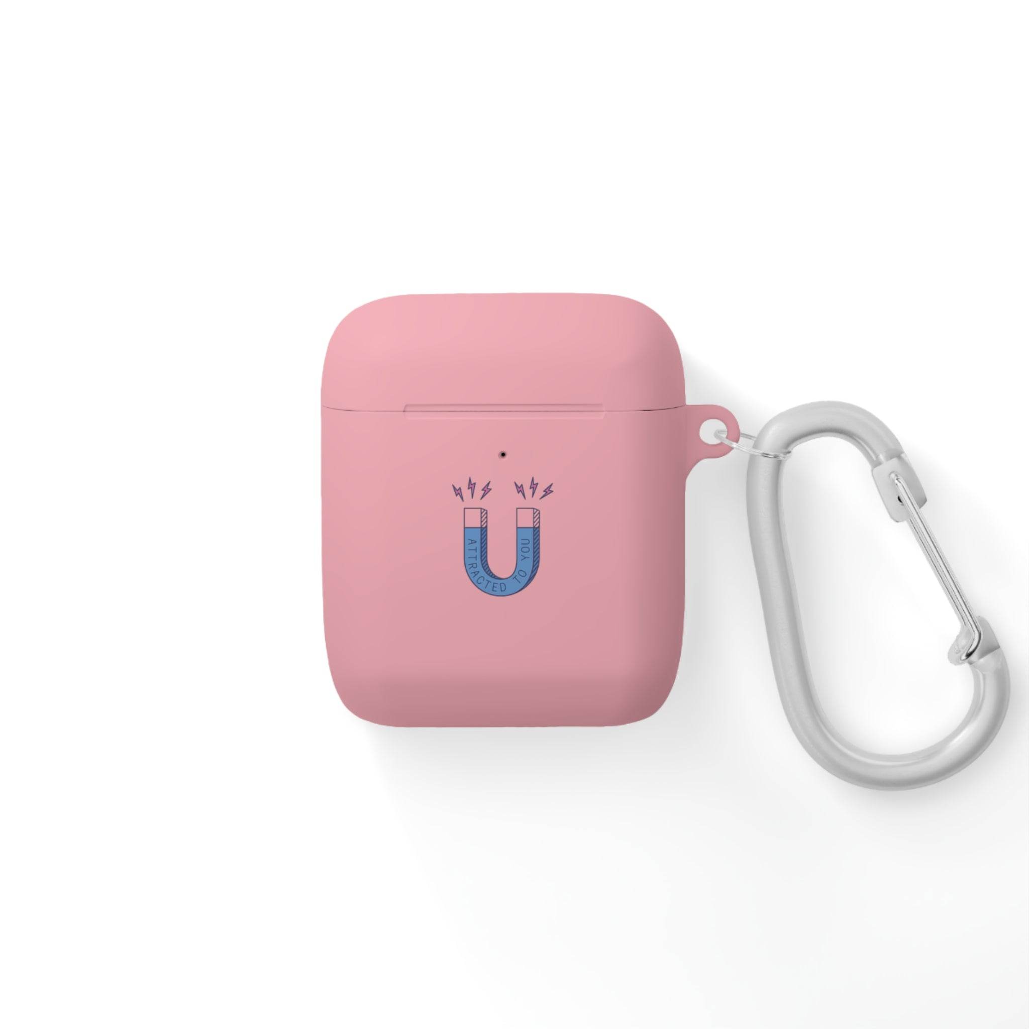 Printify pink sustainable AirPods Pro cover with blue magnet design and attached silver carabiner clip