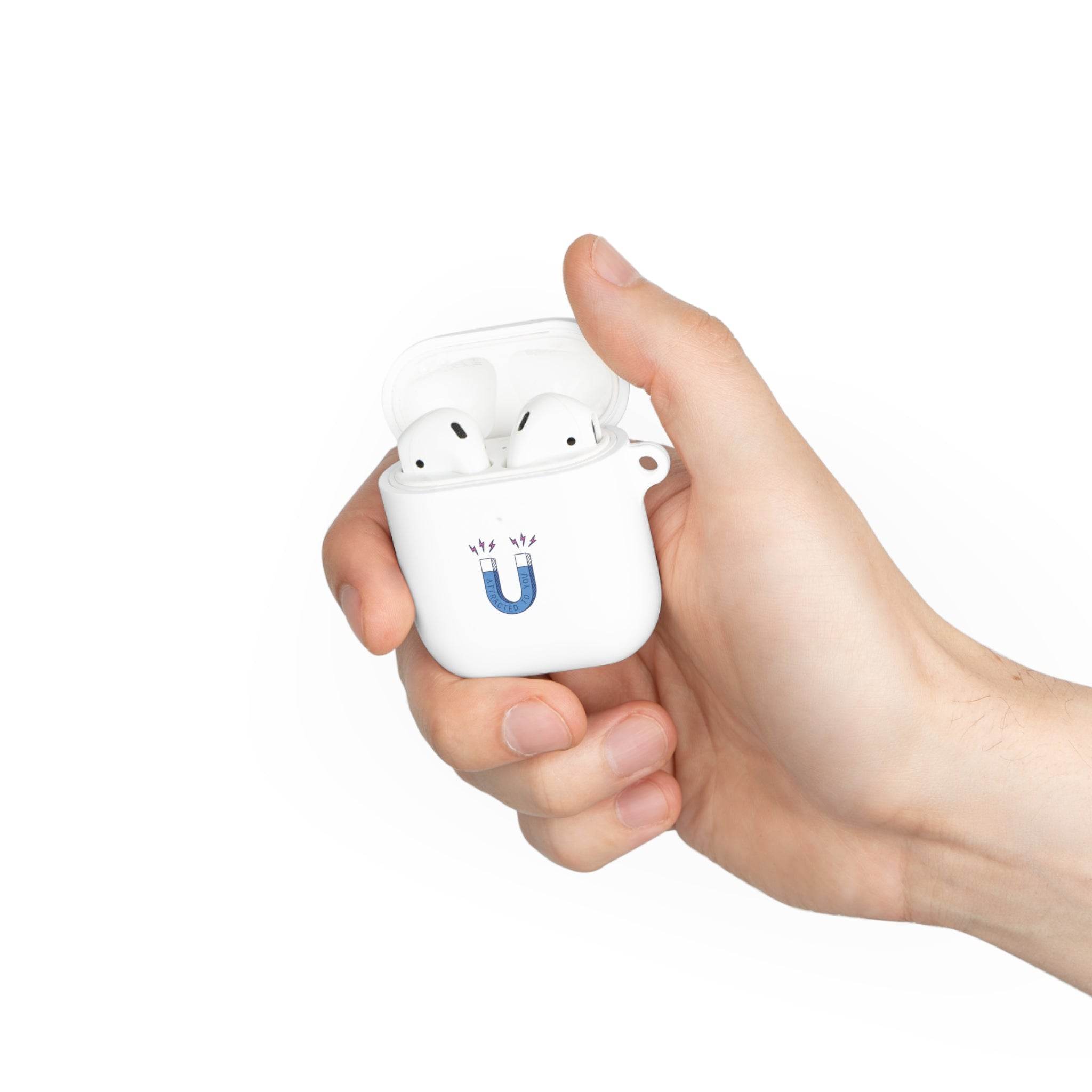 Hand holding Printify sustainable AirPods Pro cover with a blue magnet design on a white background