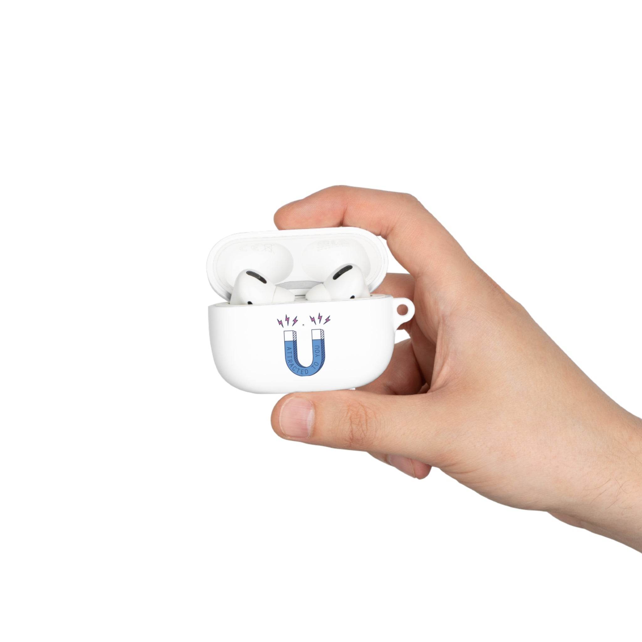 Hand holding a white sustainable AirPods Pro cover by Printify with a blue magnet design