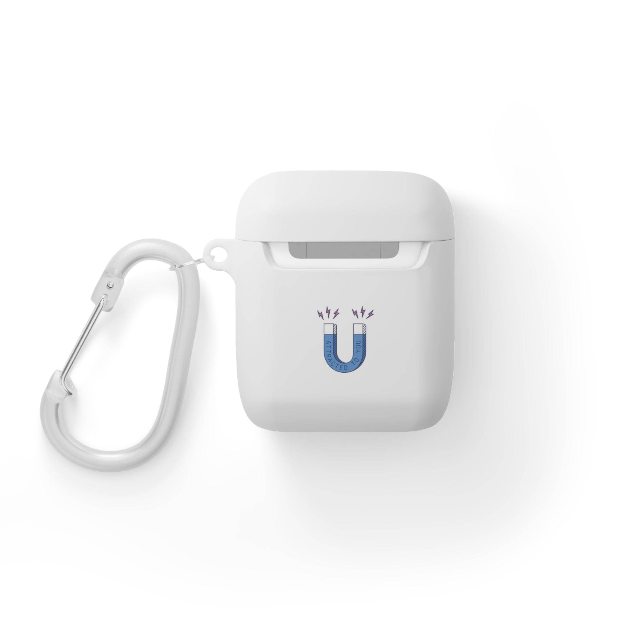 White sustainable AirPods Pro cover by Printify with blue magnet design and attached silver carabiner clip