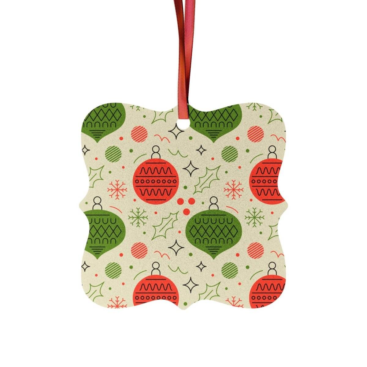 Printify seasonal decoration featuring sustainable aluminum Christmas decorations with red and green ornament pattern