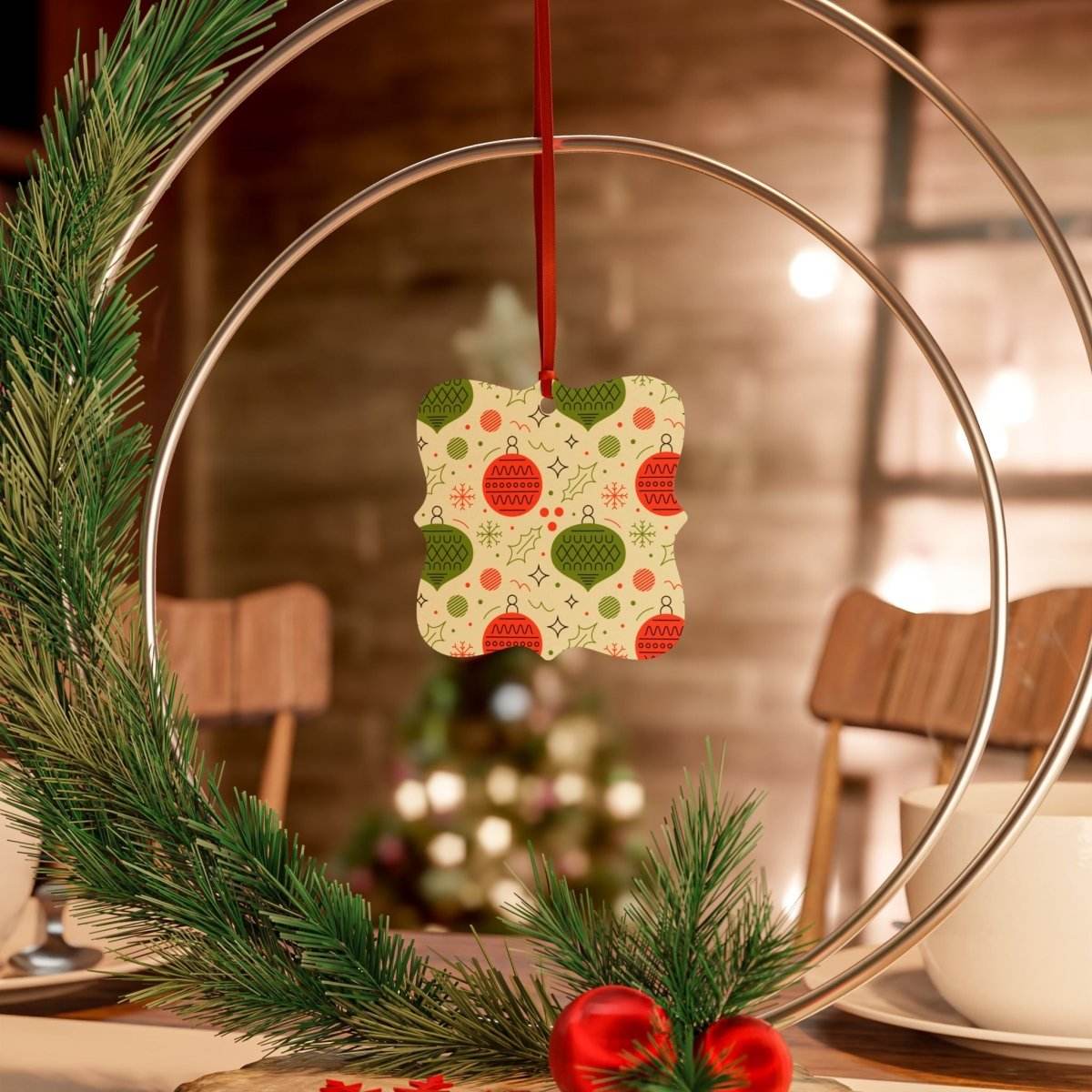 Printify seasonal decorations featuring sustainable aluminum Christmas decorations with evergreen and red bow accents