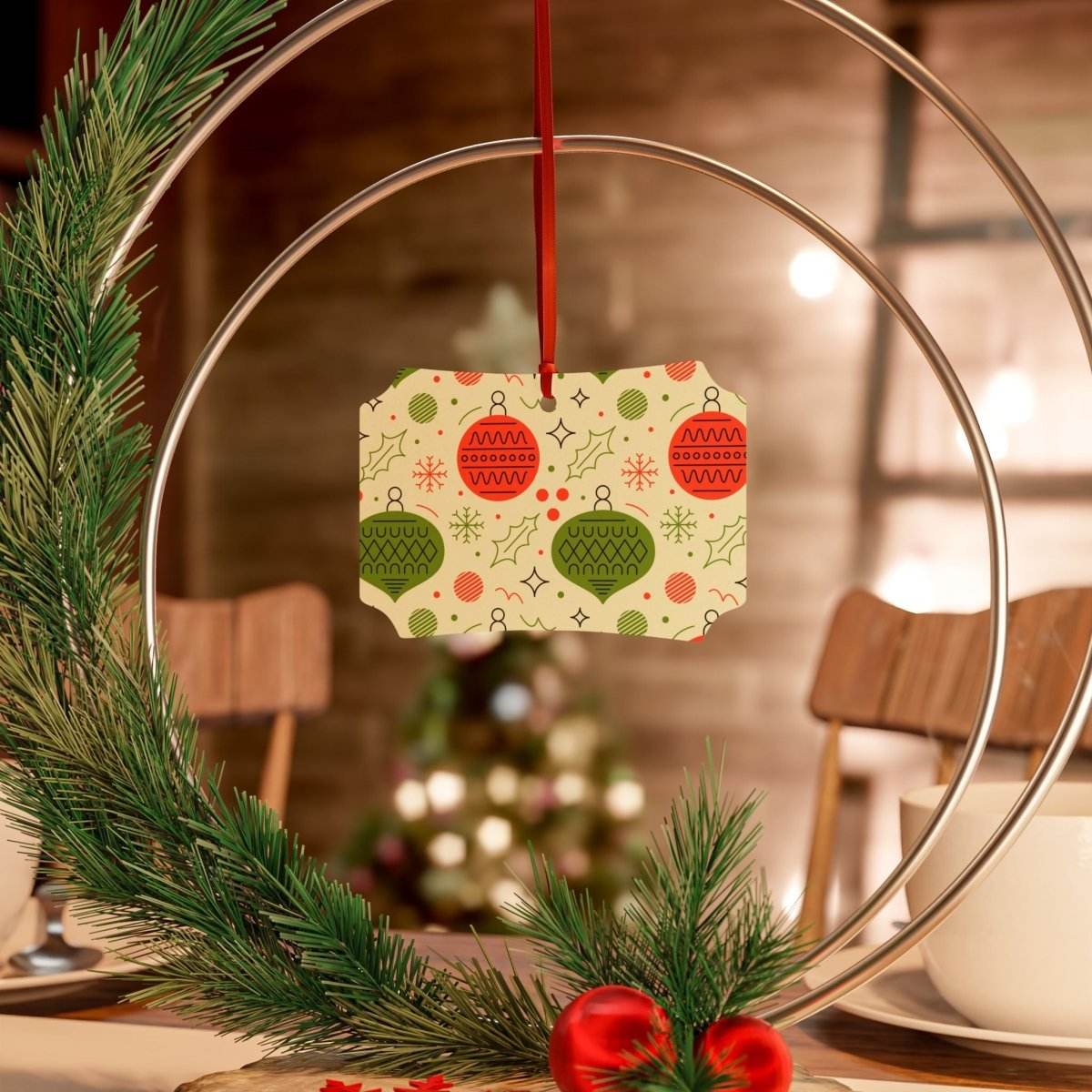 Printify seasonal decorations featuring sustainable aluminum Christmas decorations with festive red and green ornaments