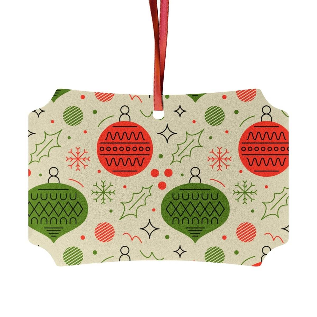 Printify seasonal decorations with sustainable aluminum Christmas decorations featuring red and green ornament patterns