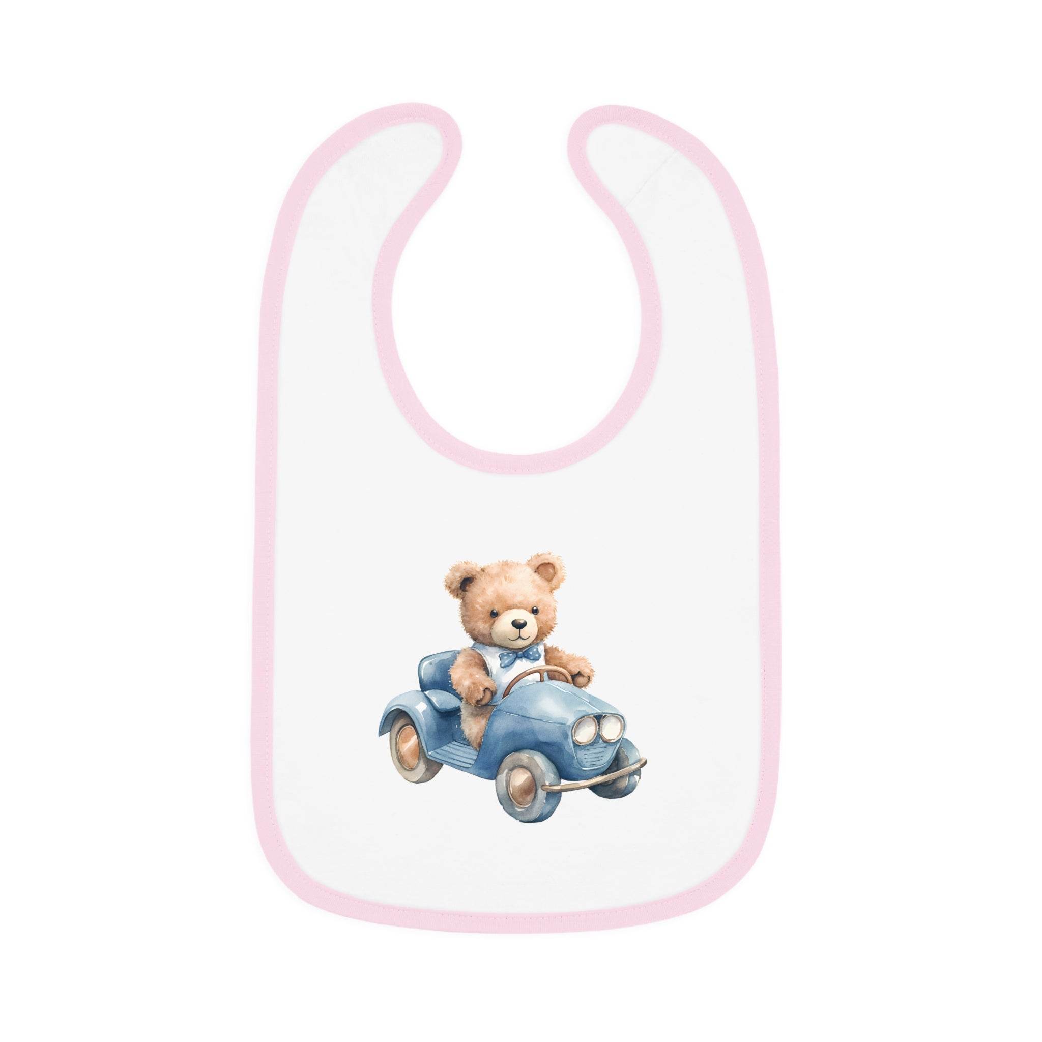 Printify sustainable baby bib with pink trim featuring a teddy bear driving a blue car design
