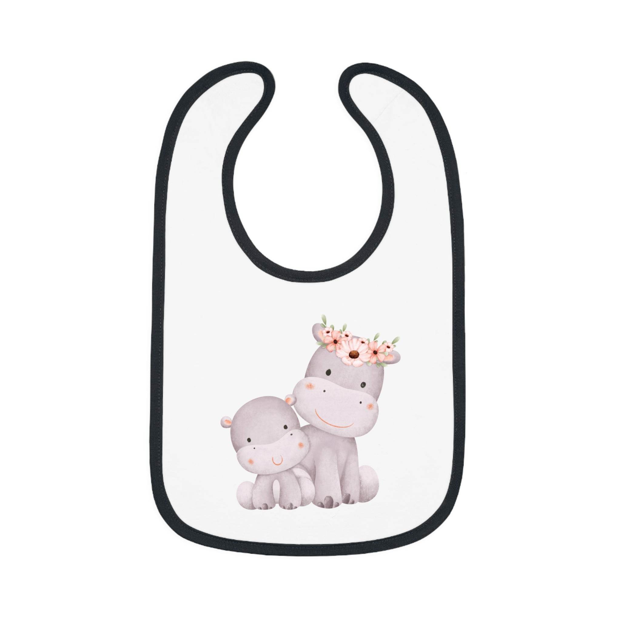 Printify sustainable baby jersey bib with cute hippo design and black trim for baby accessories