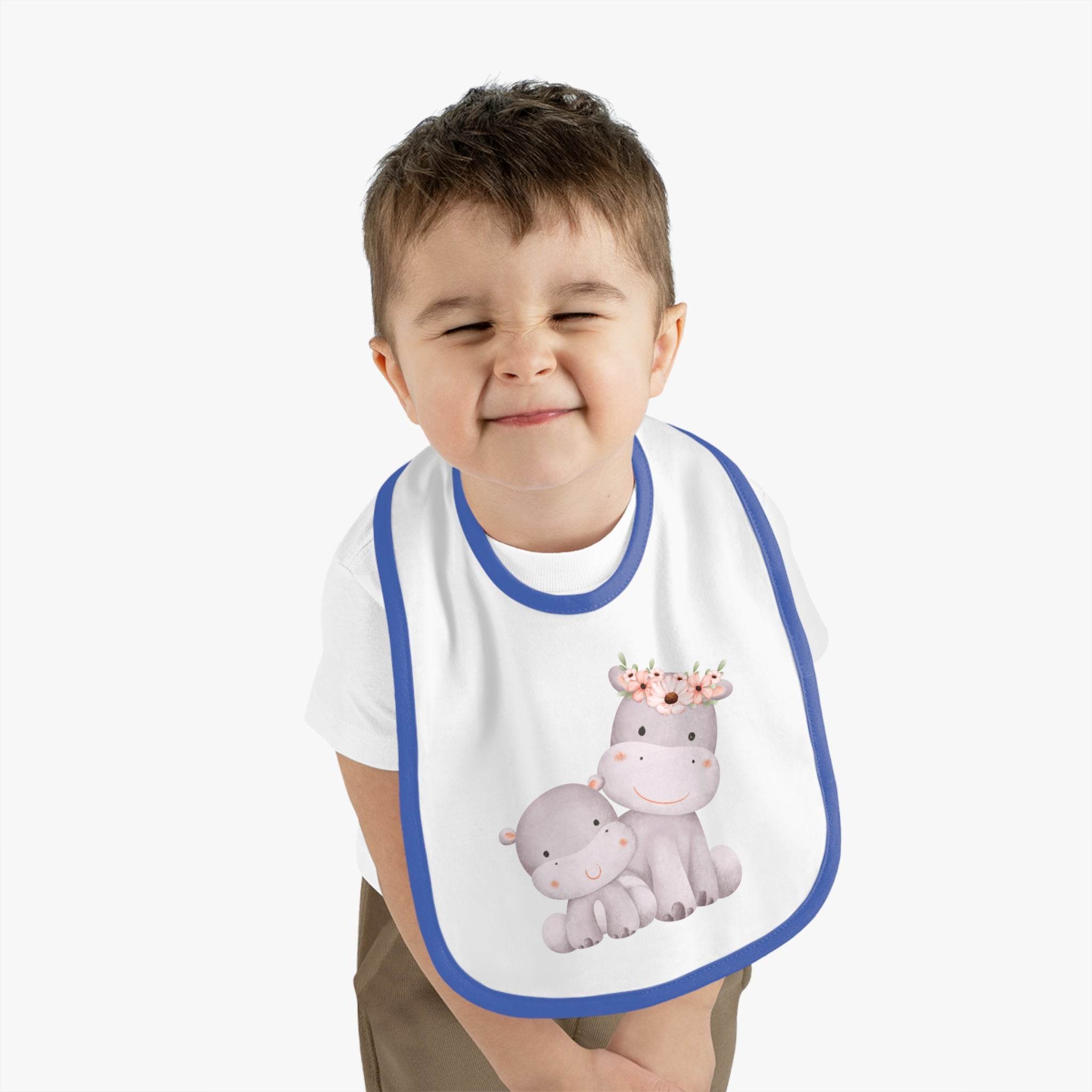 Printify sustainable baby jersey bib with blue trim featuring cute hippo mother and baby design