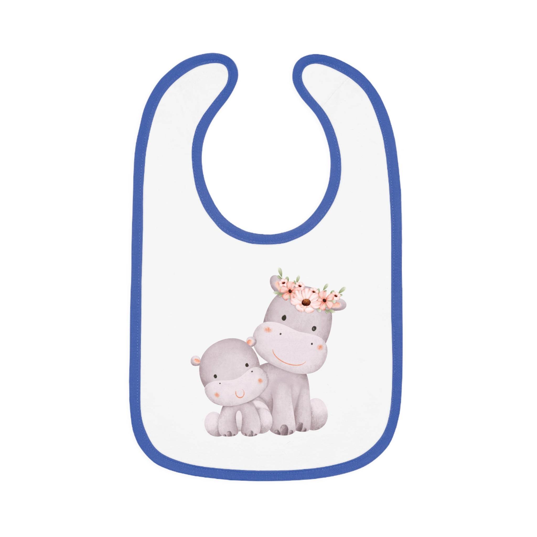 Printify sustainable baby jersey bib with blue trim and cute hippopotamus design with flower crown