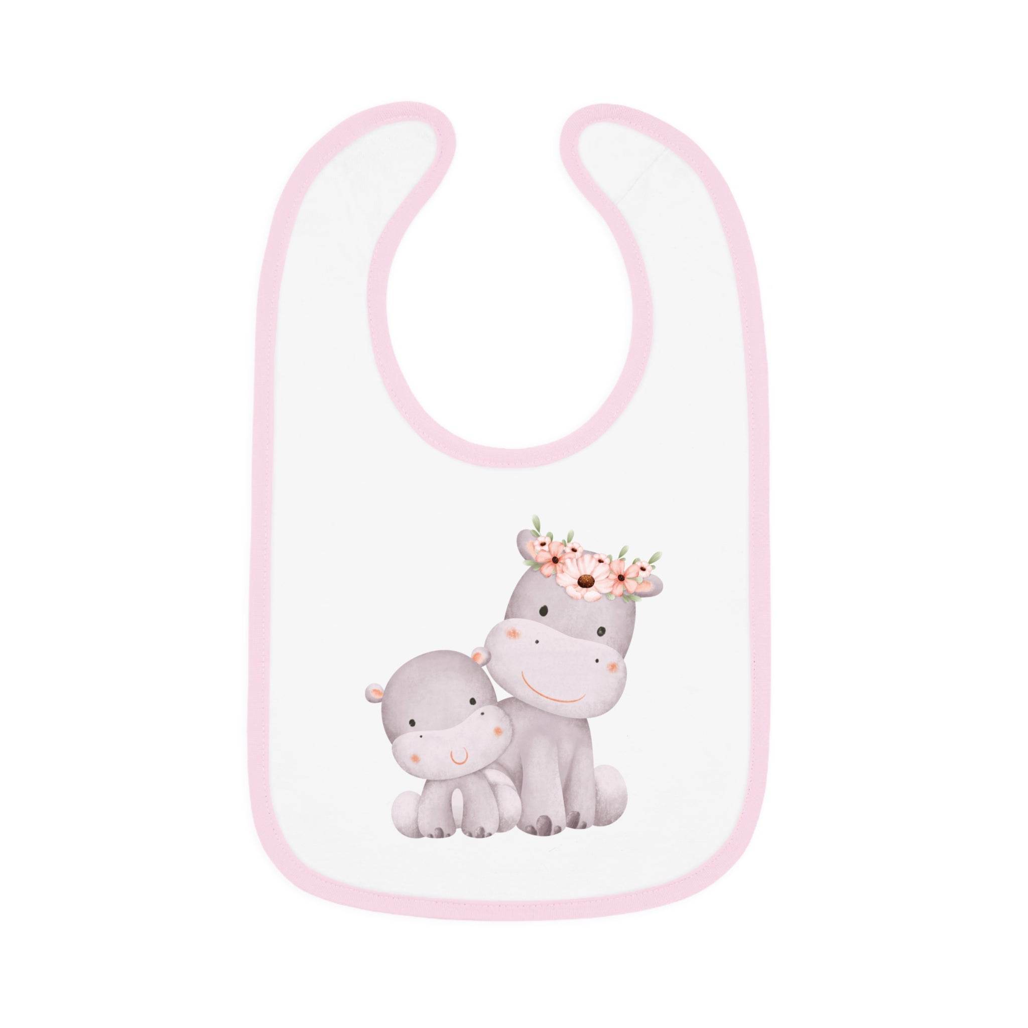 Printify sustainable baby jersey bib with pink trim featuring cute hippo family design