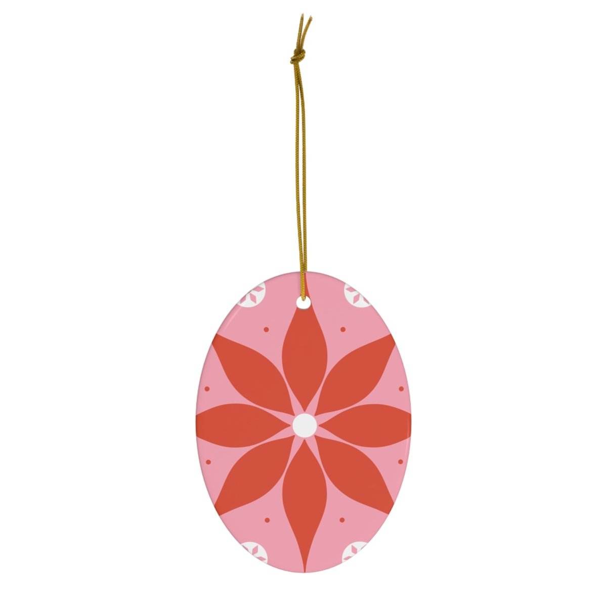 Printify seasonal decoration pink oval ornament with red flower design sustainable ceramic decor