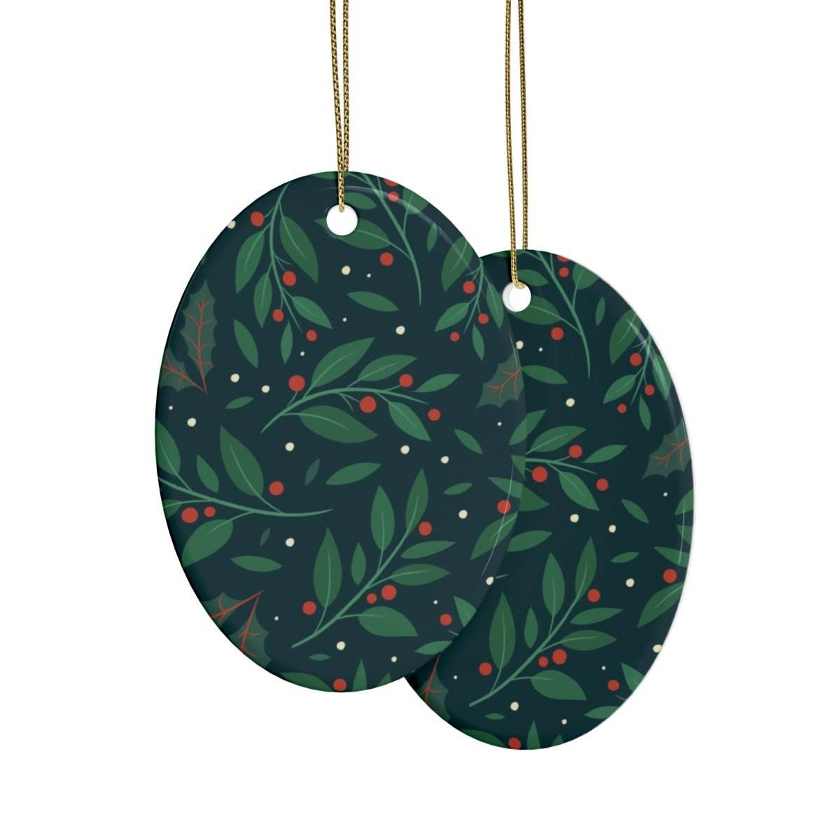 Printify sustainable ceramic holiday decorations with green leaves and red berries design hanging on gold strings