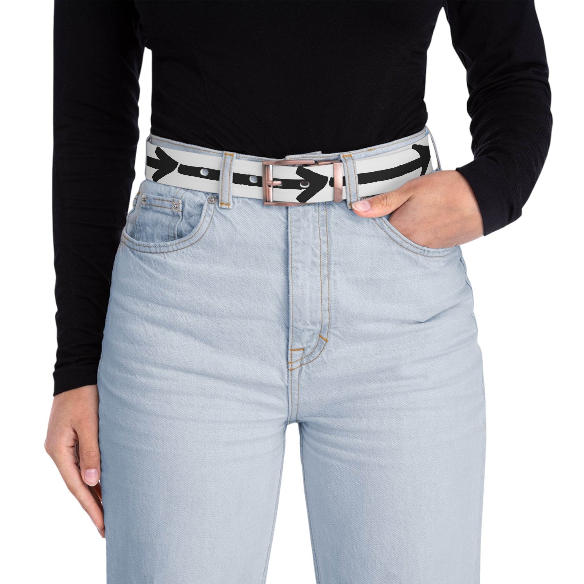 Person wearing light blue jeans and a black shirt with a Printify sustainable direction belt featuring black arrow designs