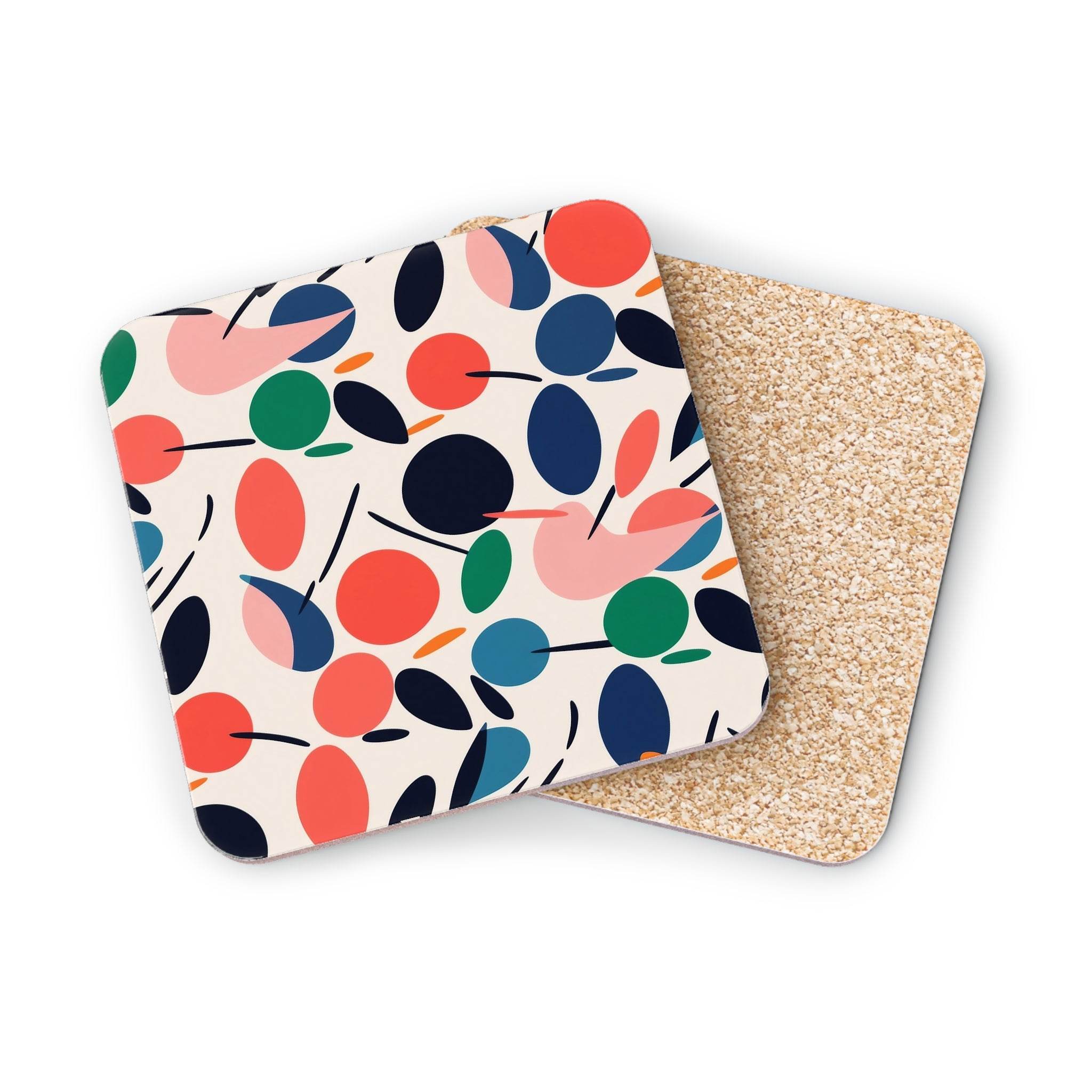 Colorful patterned sustainable drink coasters made by Printify with cork backing for kitchen use