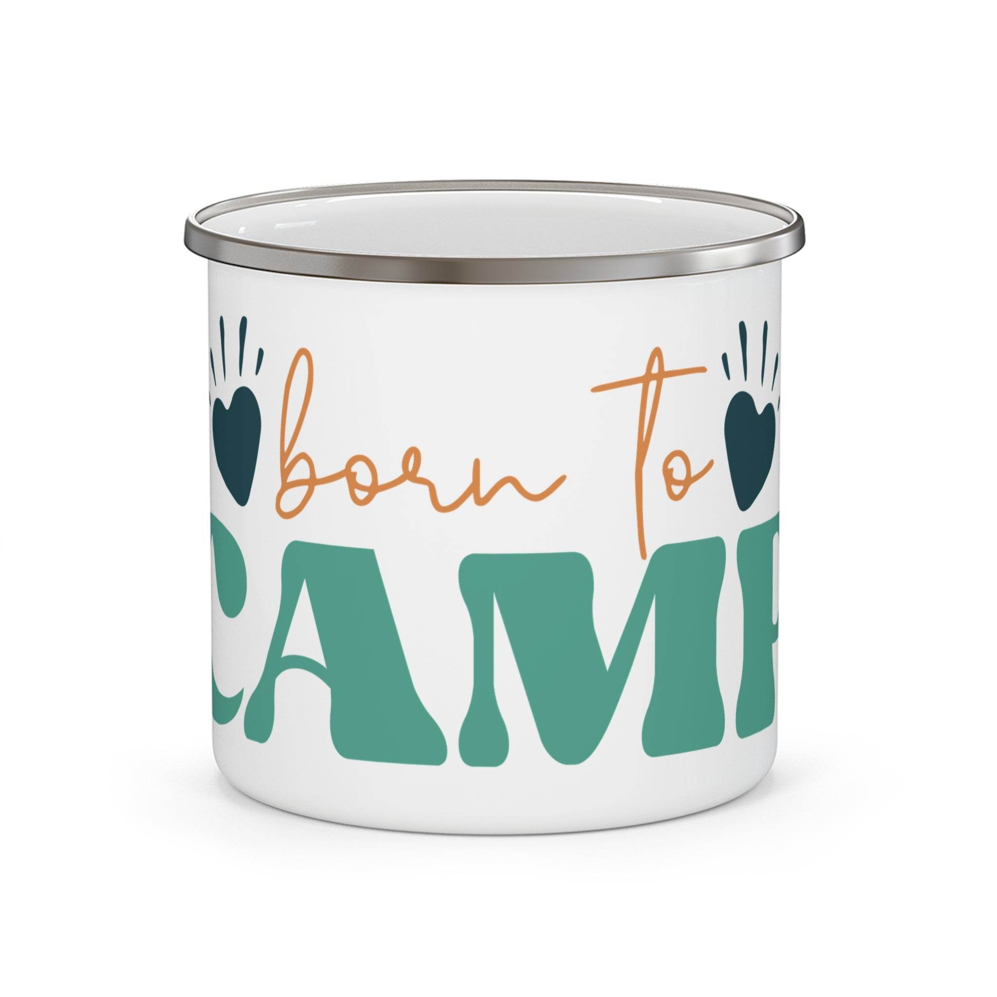 Printify sustainable enamel camp mug with born to camp design and heart graphics