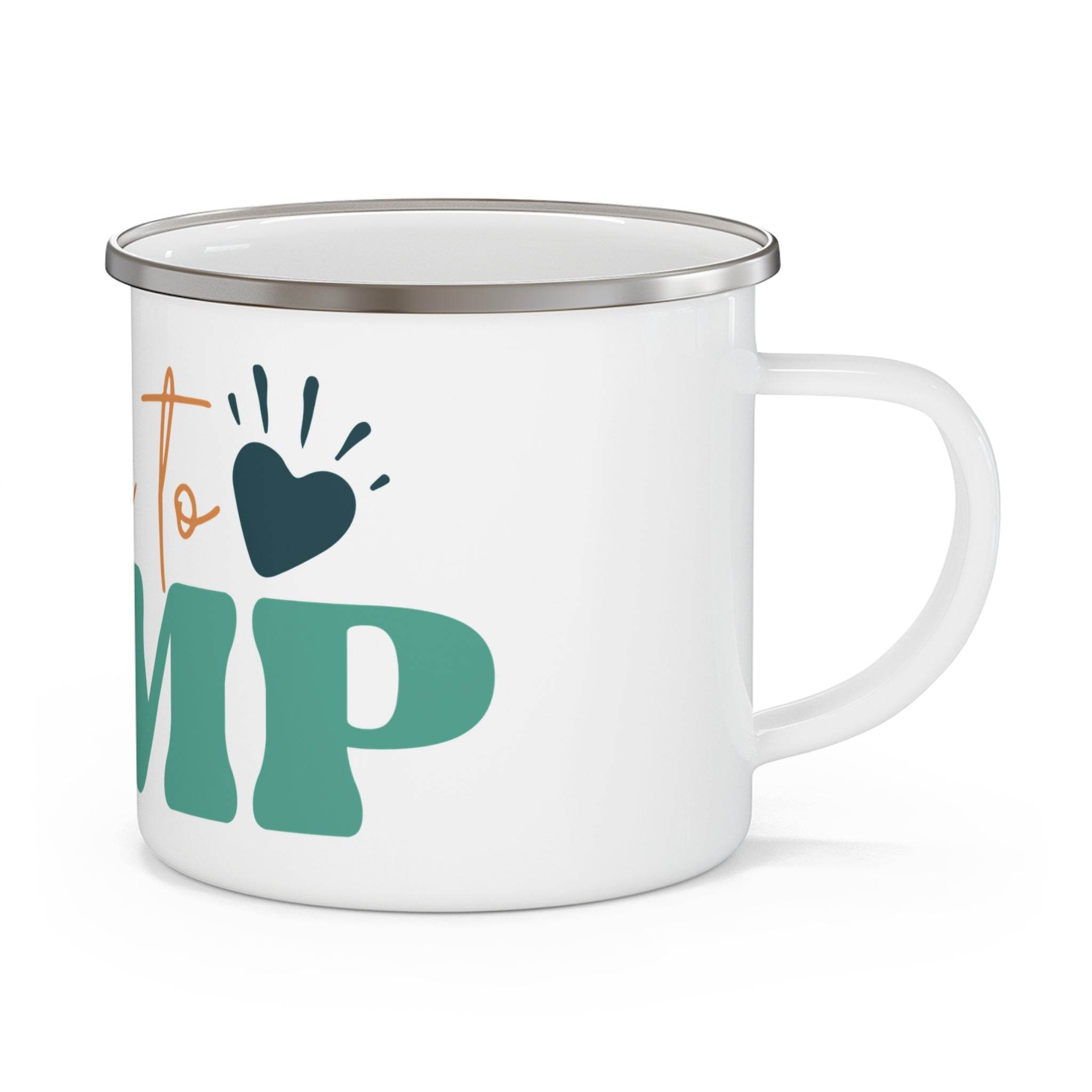Printify white sustainable enamel camp mug with silver rim and colorful graphic design