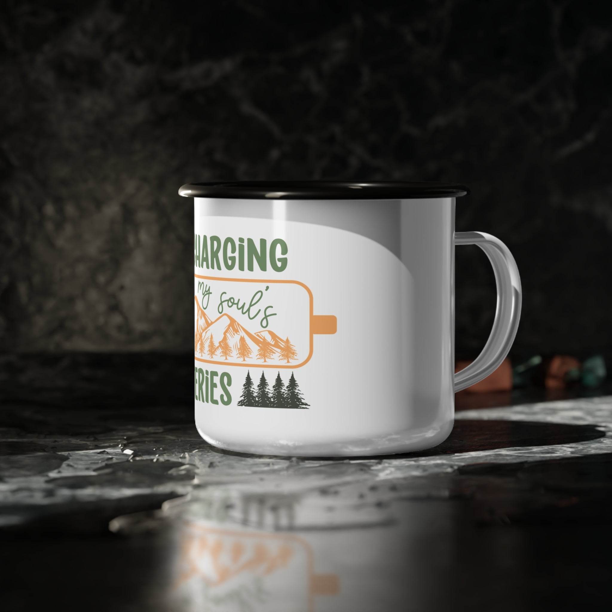Printify sustainable enamel mug with nature-inspired design and camping theme on white surface