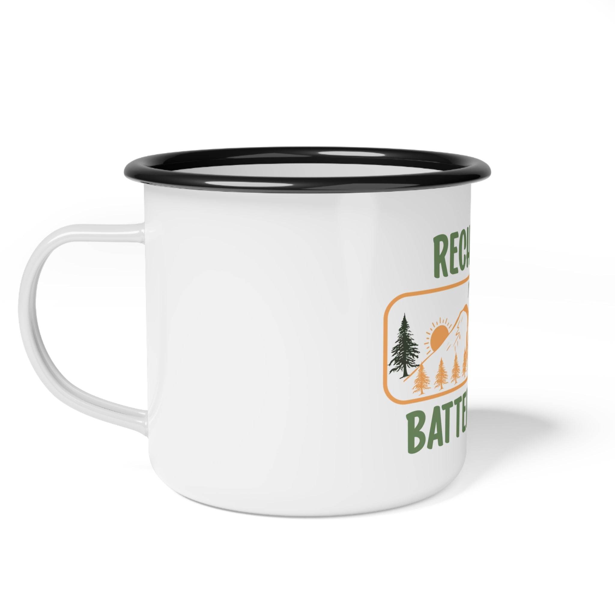 Printify sustainable enamel mug with black rim and nature-themed design on white background