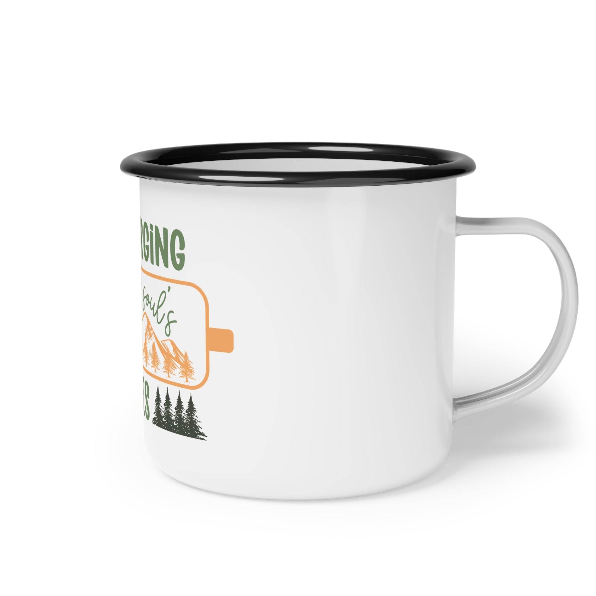 White Printify sustainable enamel mug with black rim and nature-themed design on side