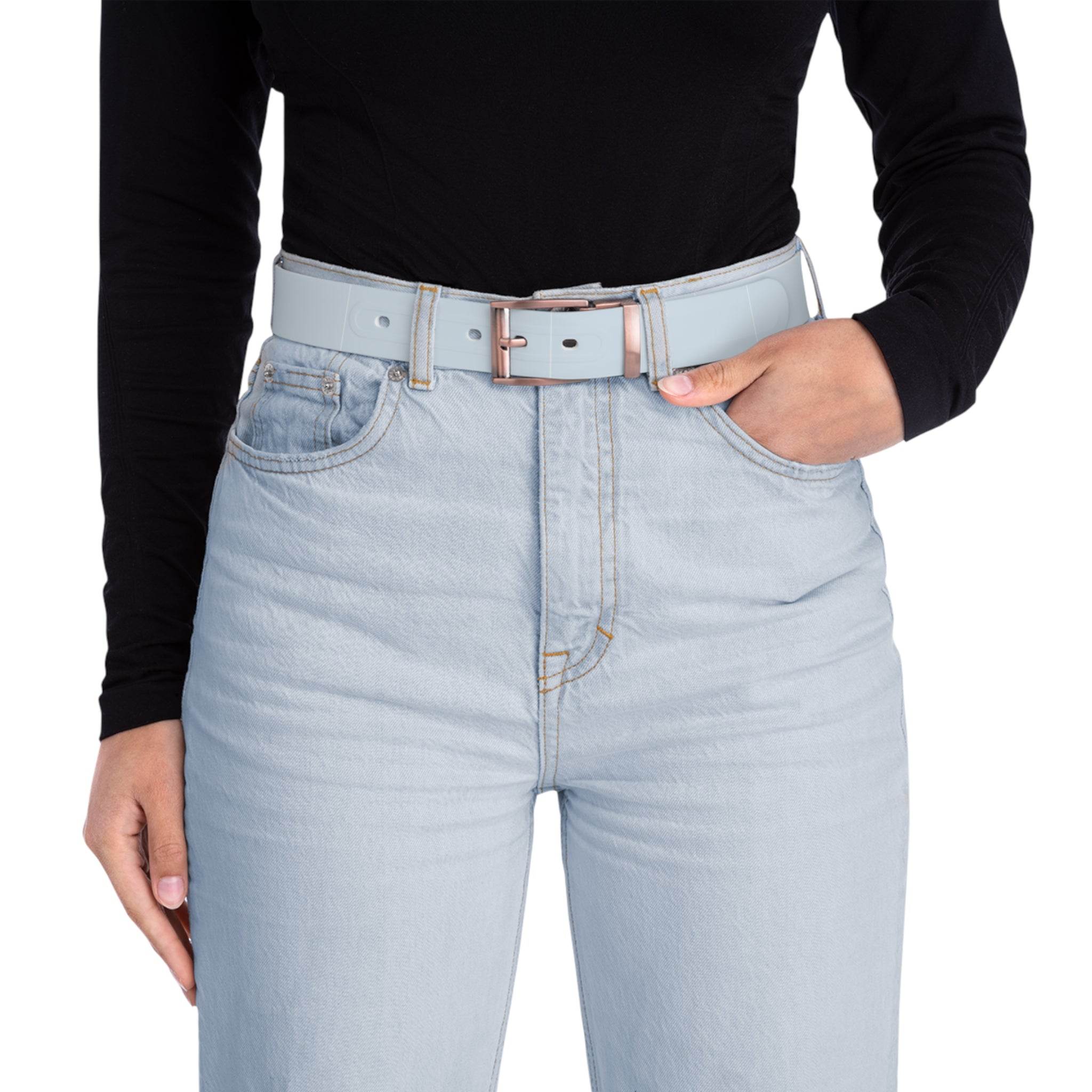 Woman wearing light blue sustainable fashion belt with silver buckle and light wash jeans