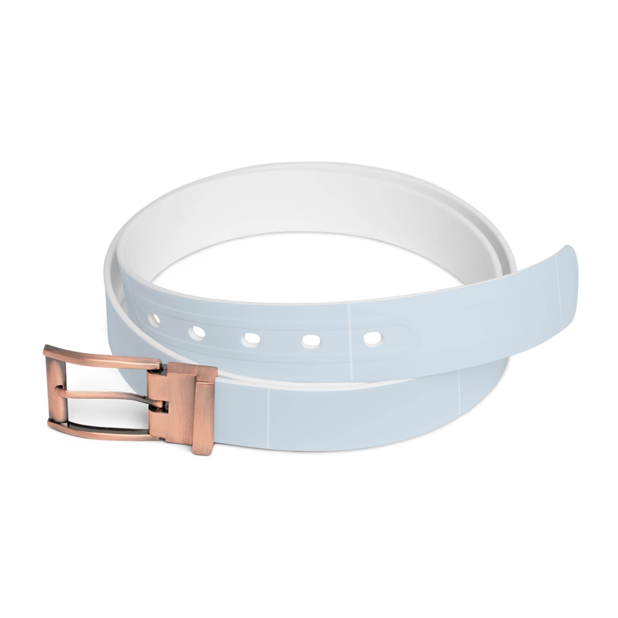 White sustainable fashion belt with rose gold buckle from Printify rolled on white background