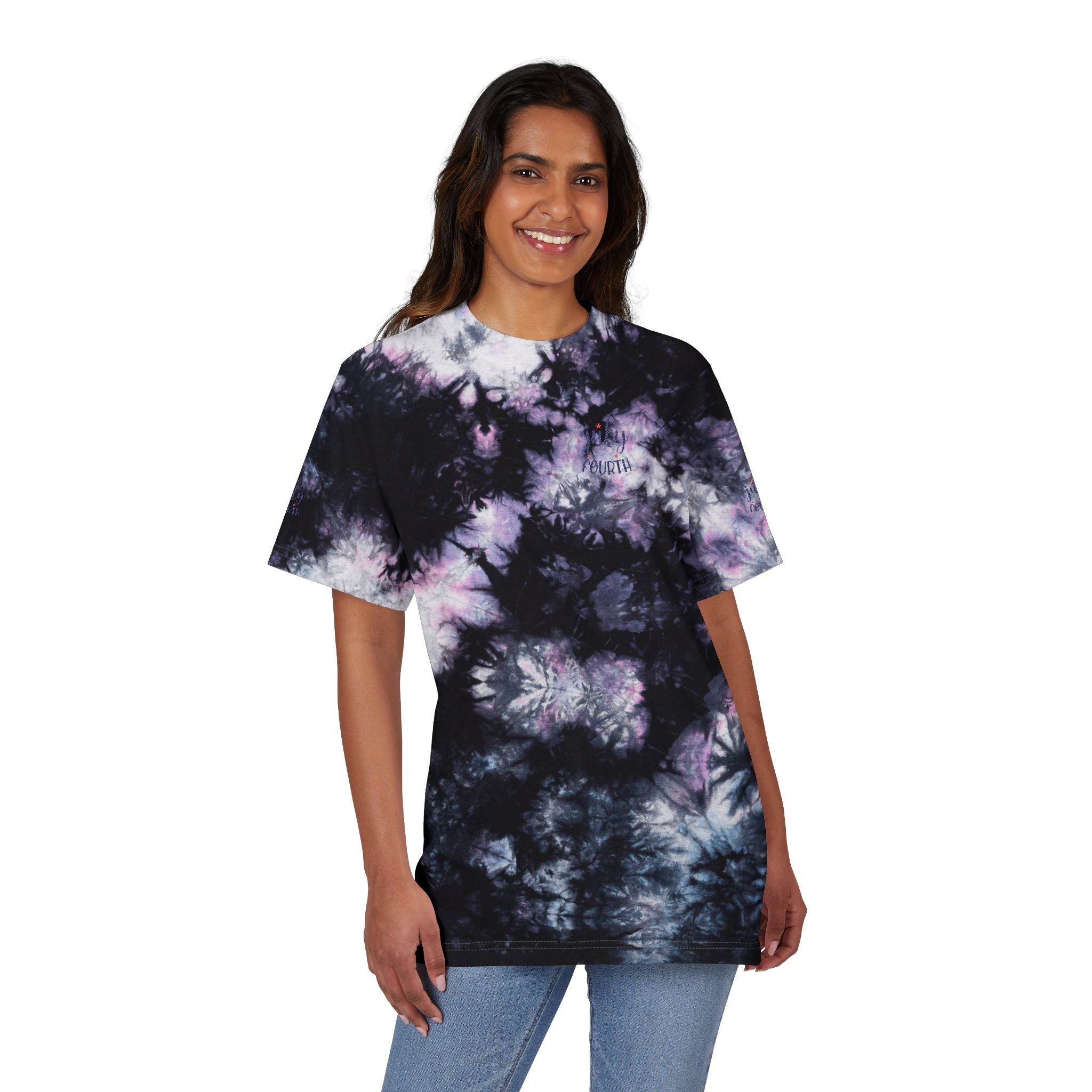 Printify sustainable fashion tie-dye shirt worn by smiling woman with black purple and white pattern