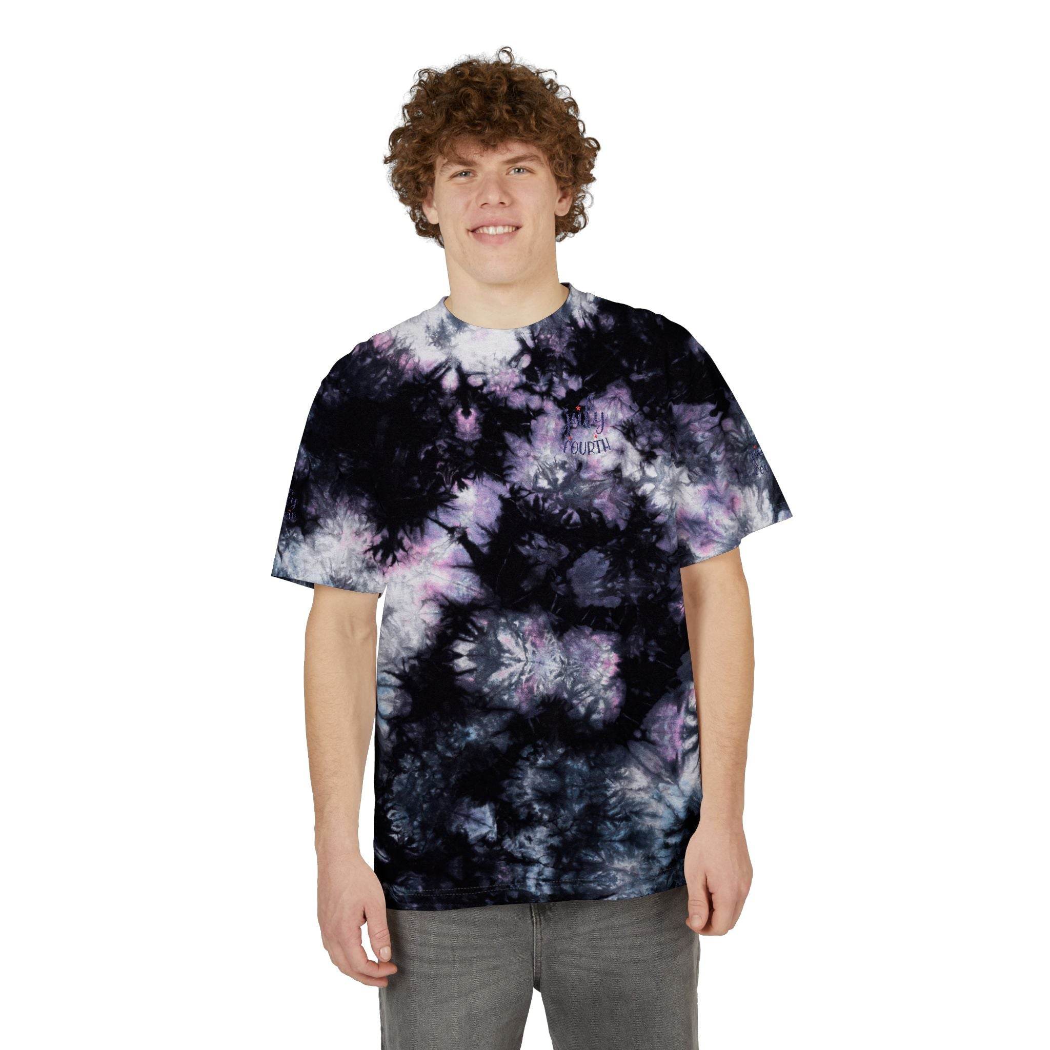 Printify sustainable fashion tie-dye shirt in black and purple worn by smiling male model