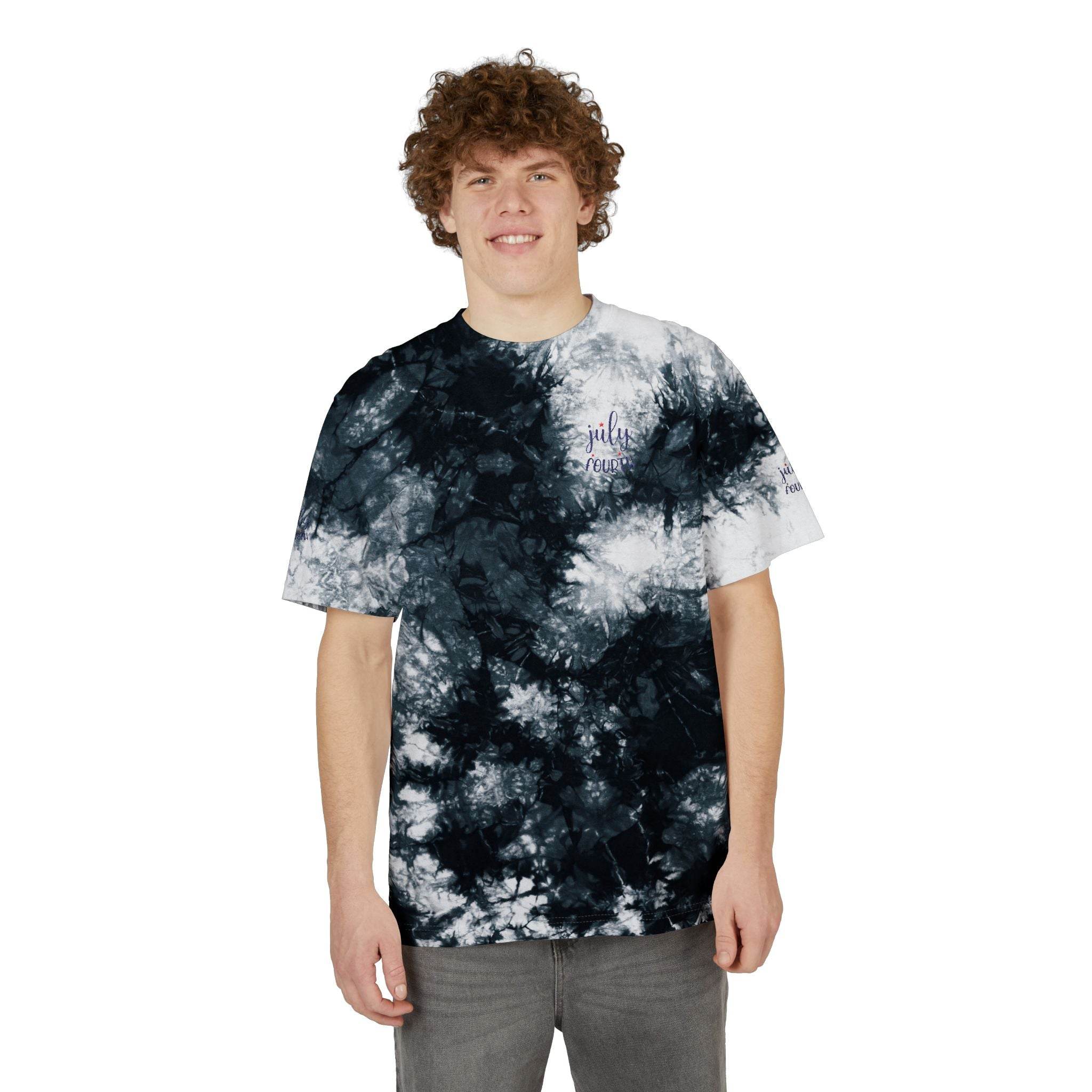 Printify sustainable fashion tie-dye shirt worn by a smiling young man with curly hair