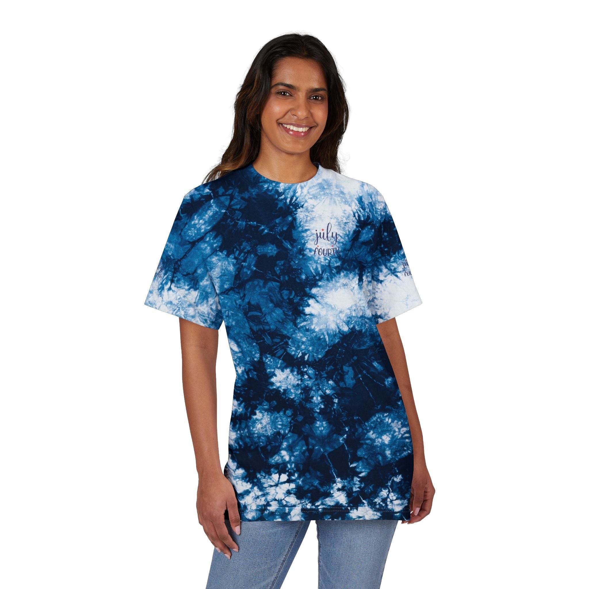 Printify sustainable fashion tie-dye shirt in blue and white worn by smiling woman with long hair