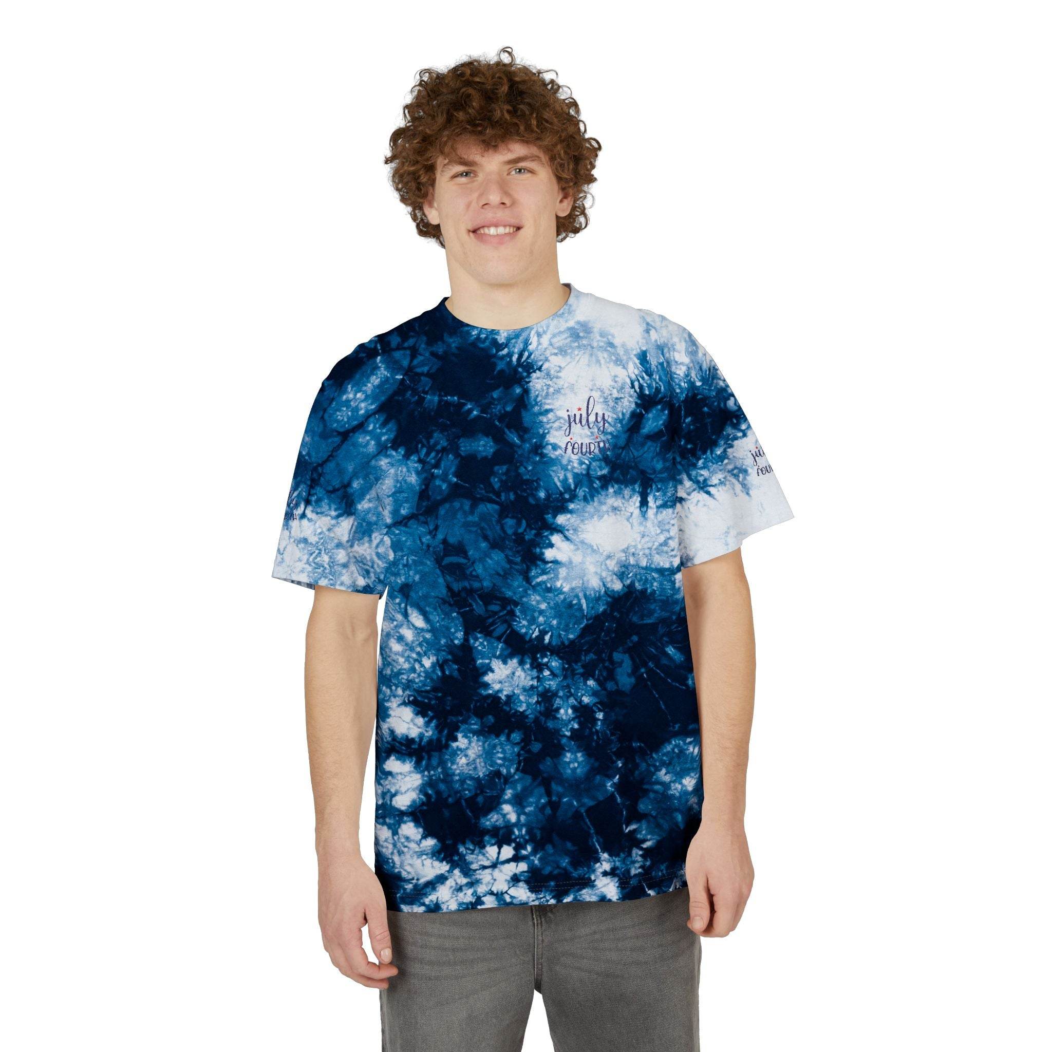 Printify sustainable fashion tie-dye shirt in blue and white worn by smiling young man
