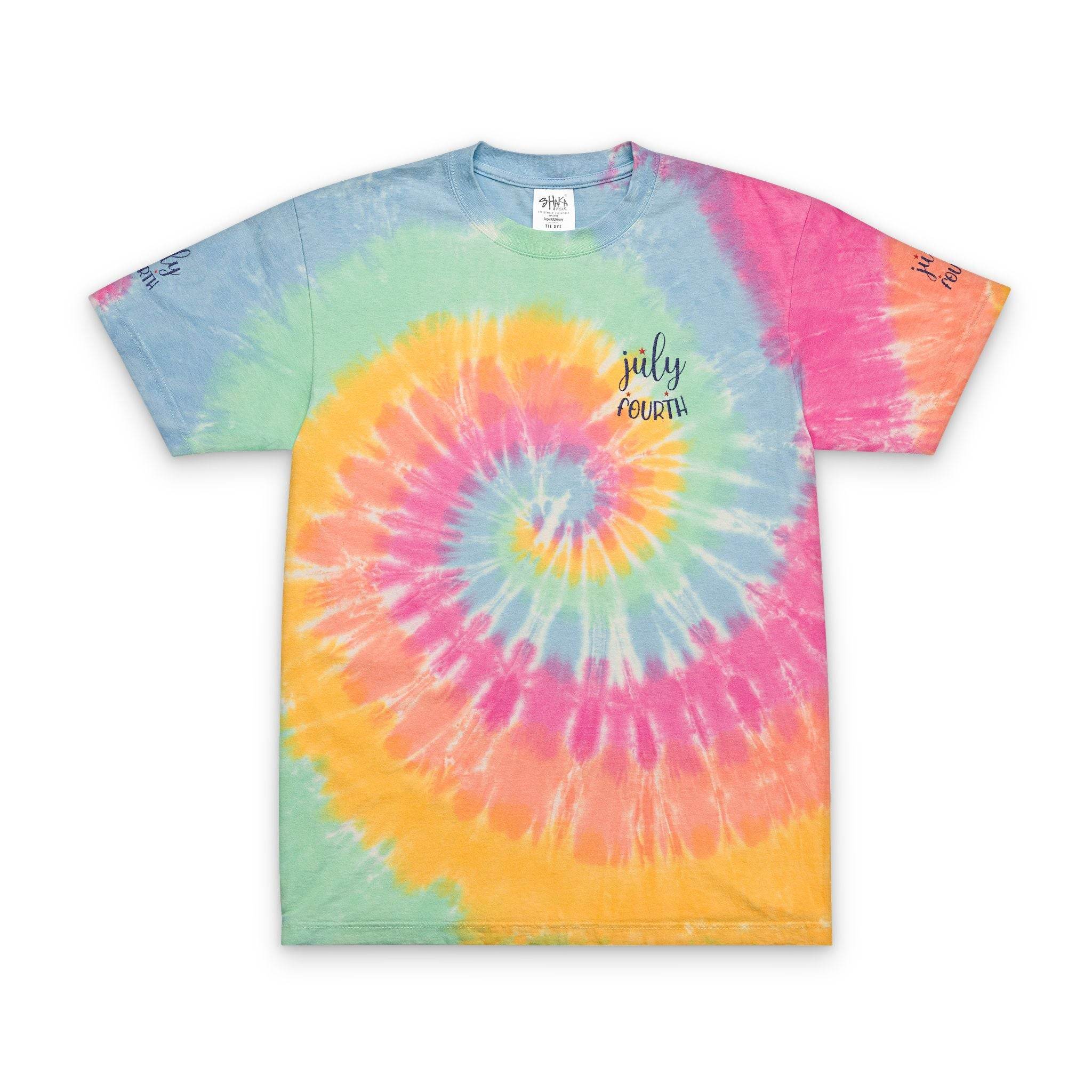 Printify sustainable fashion tie-dye shirt with colorful spiral pattern and July Fourth text