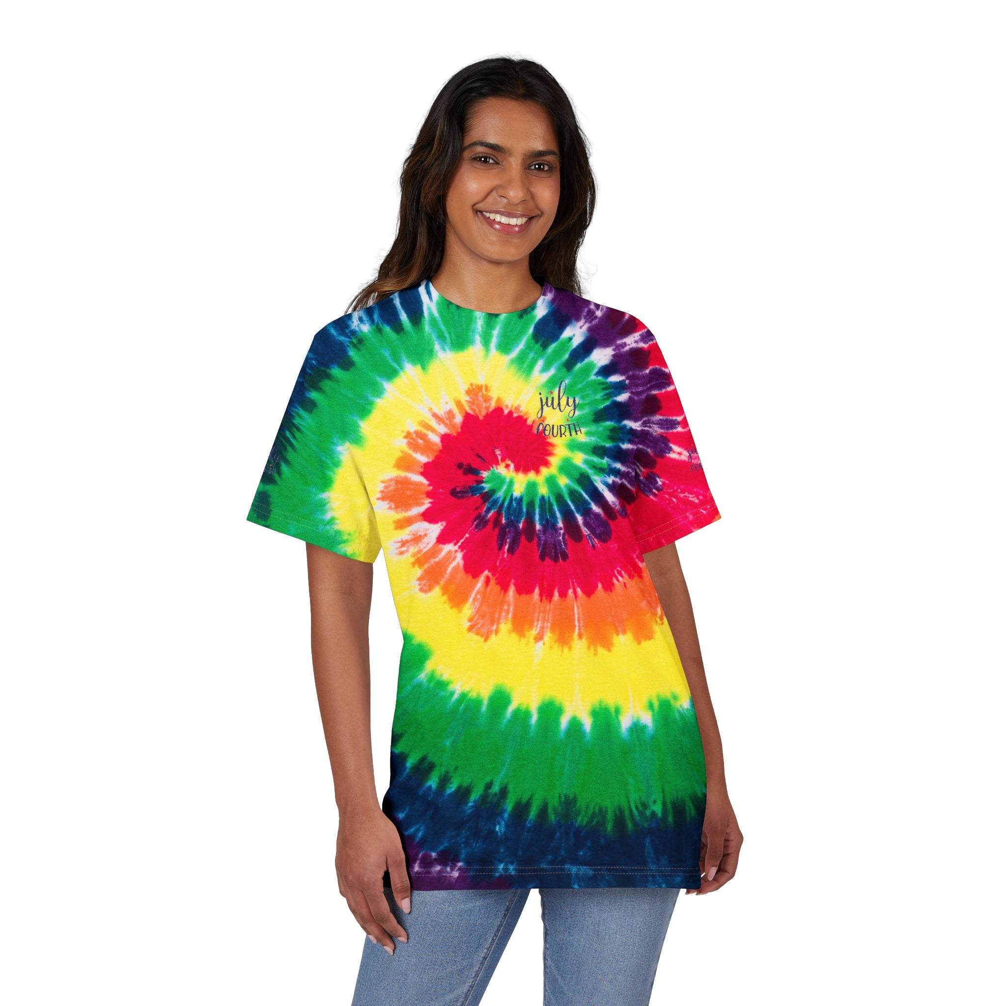 Printify sustainable fashion tie-dye shirt with vibrant rainbow colors worn by a smiling woman