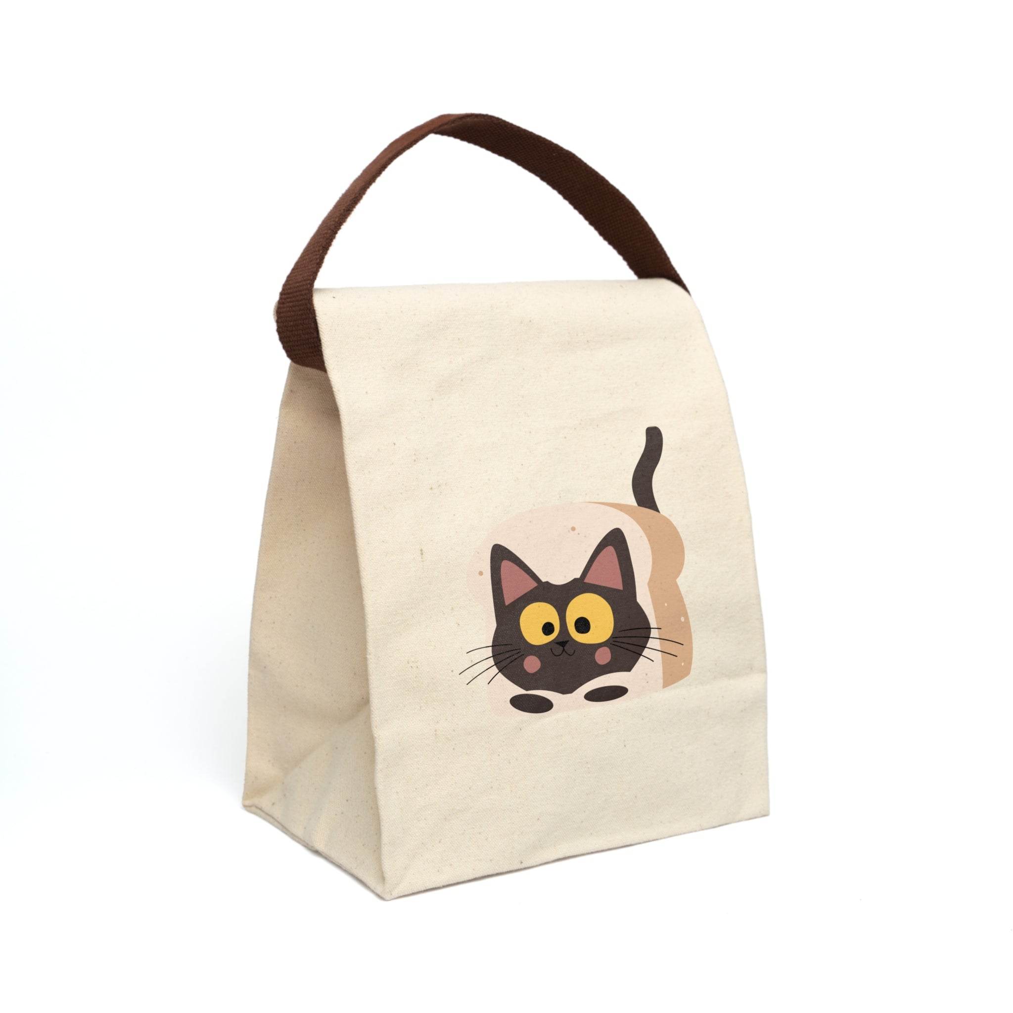 Printify sustainable lunch bag with strap featuring a cute cartoon cat design on beige fabric