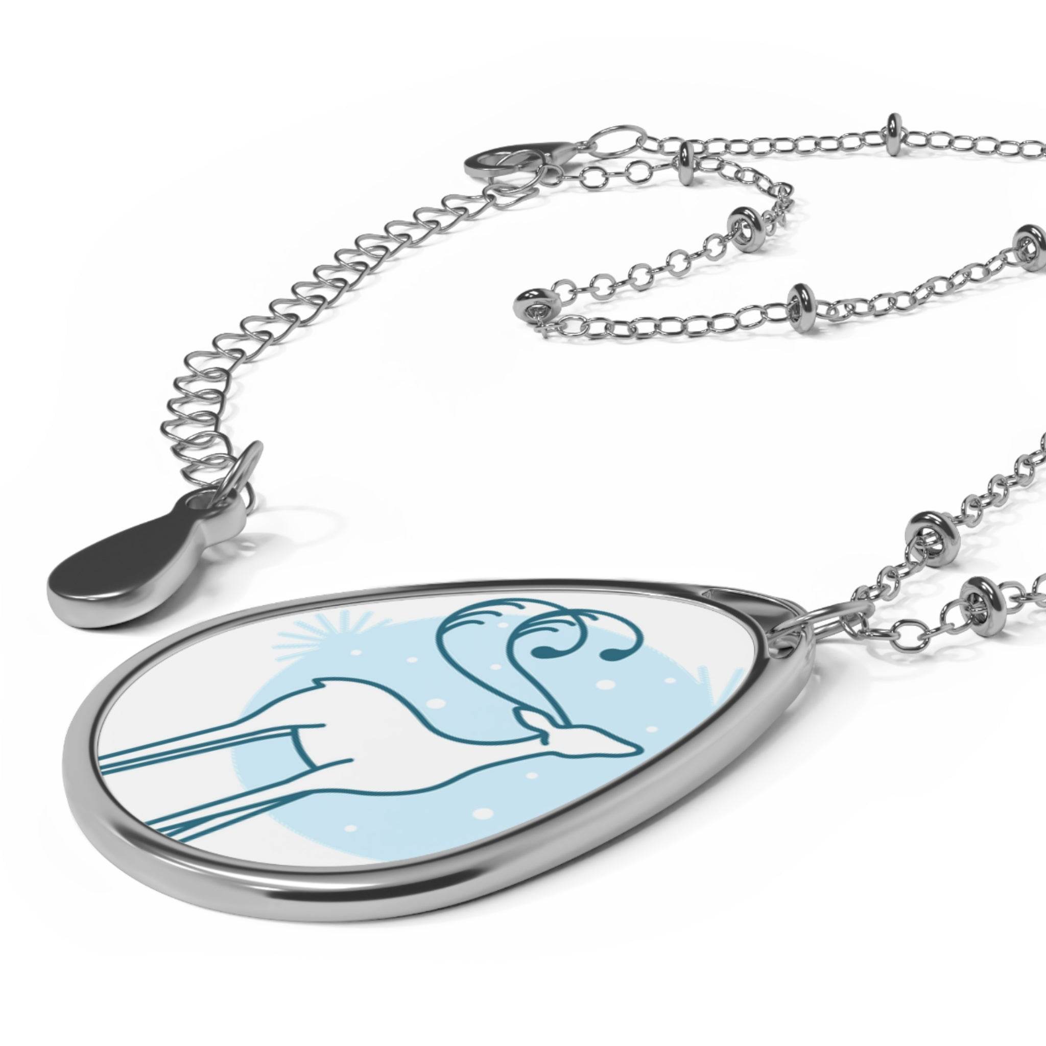 Printify sustainable oval necklace with silver chain and blue reindeer design pendant