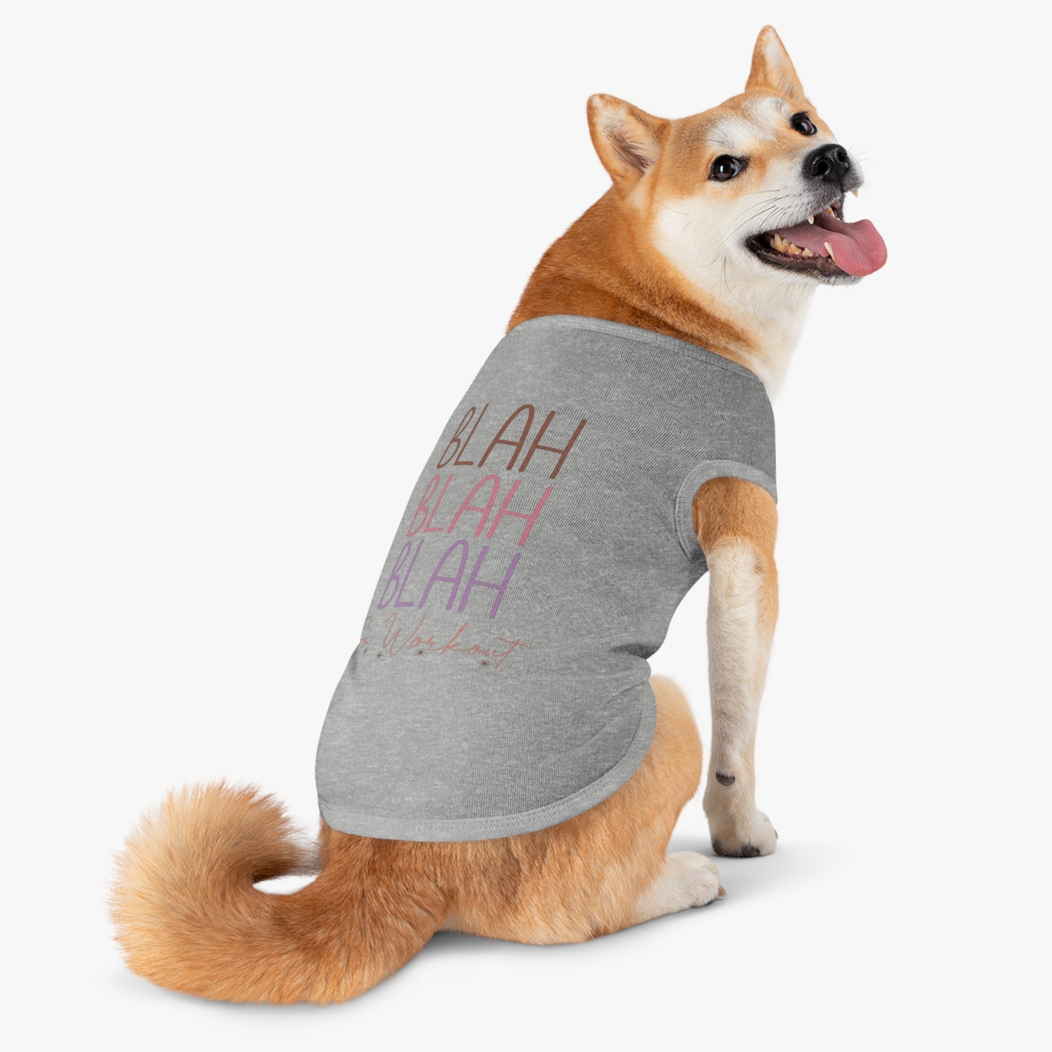 Shiba Inu wearing a gray sustainable pet tank top with colorful text design