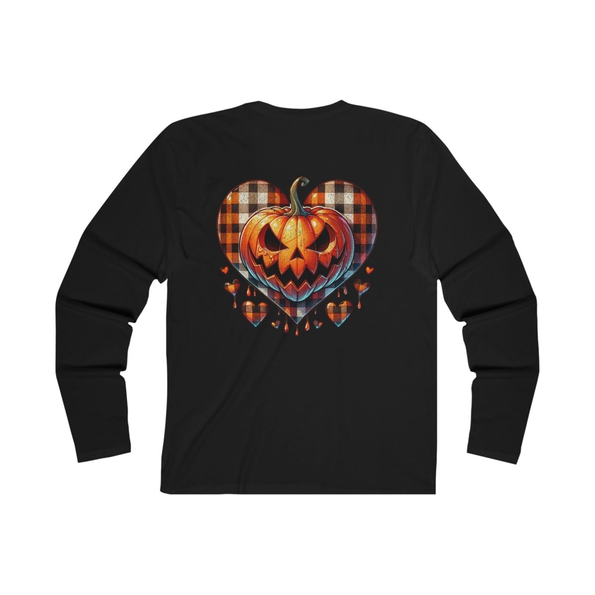 Sustainable spooky long sleeve featuring a pumpkin heart design on a black background