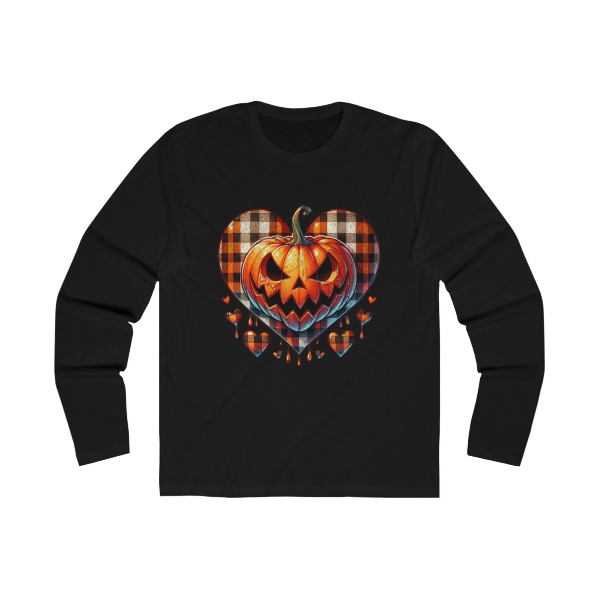 Sustainable spooky long sleeve shirt featuring a pumpkin heart design in vibrant colors