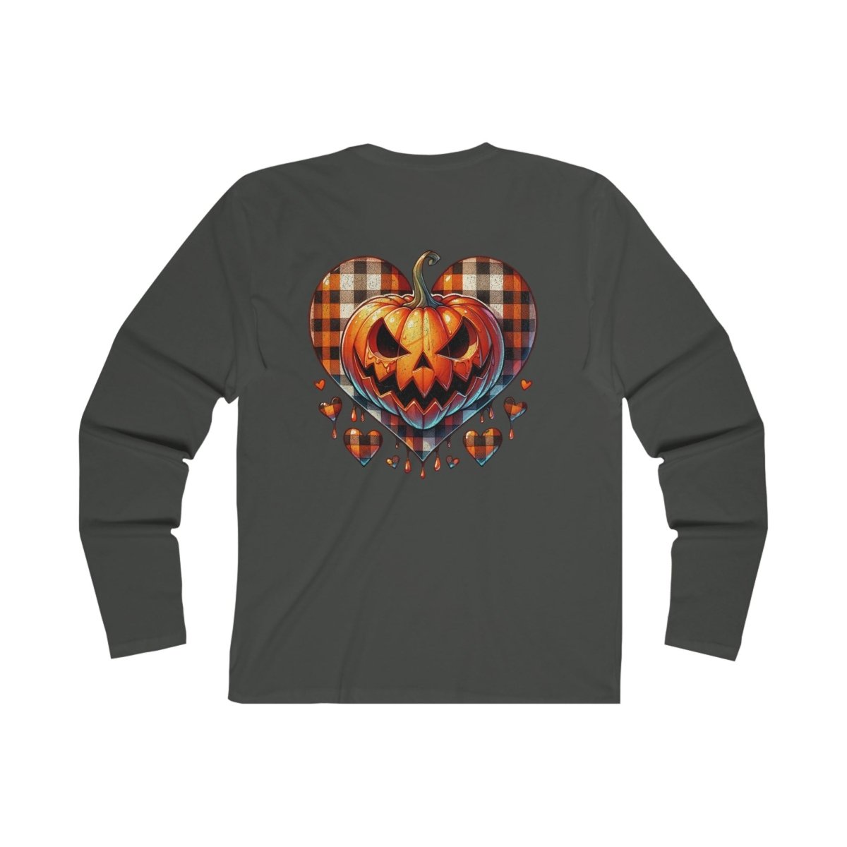 Sustainable spooky long sleeve shirt featuring a plaid pumpkin heart design on the back