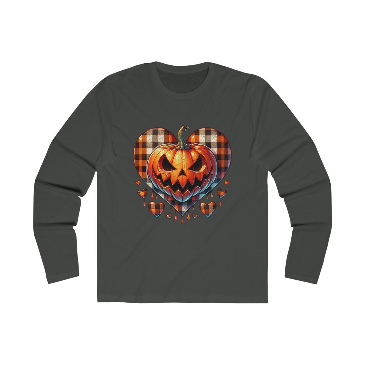 Sustainable spooky long sleeve shirt featuring a pumpkin heart design in plaid details
