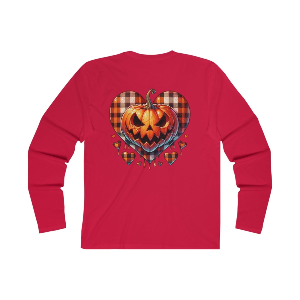 Sustainable spooky long sleeve shirt in red featuring a pumpkin graphic with heart shapes