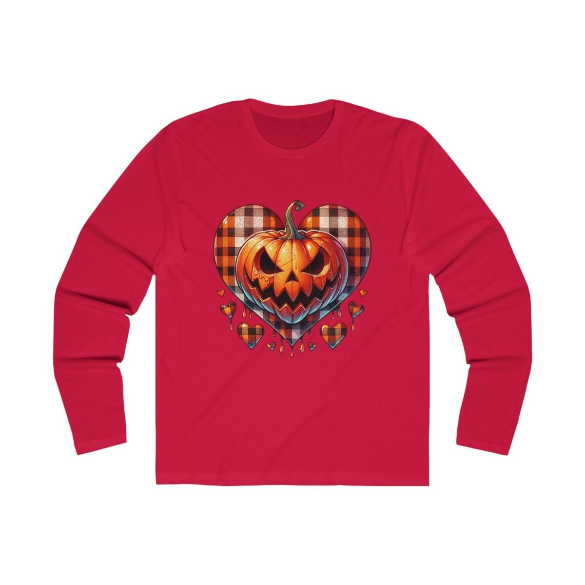 Red long-sleeve shirt featuring a spooky pumpkin heart design, ideal for Halloween celebrations with a sustainable spooky long sleeve