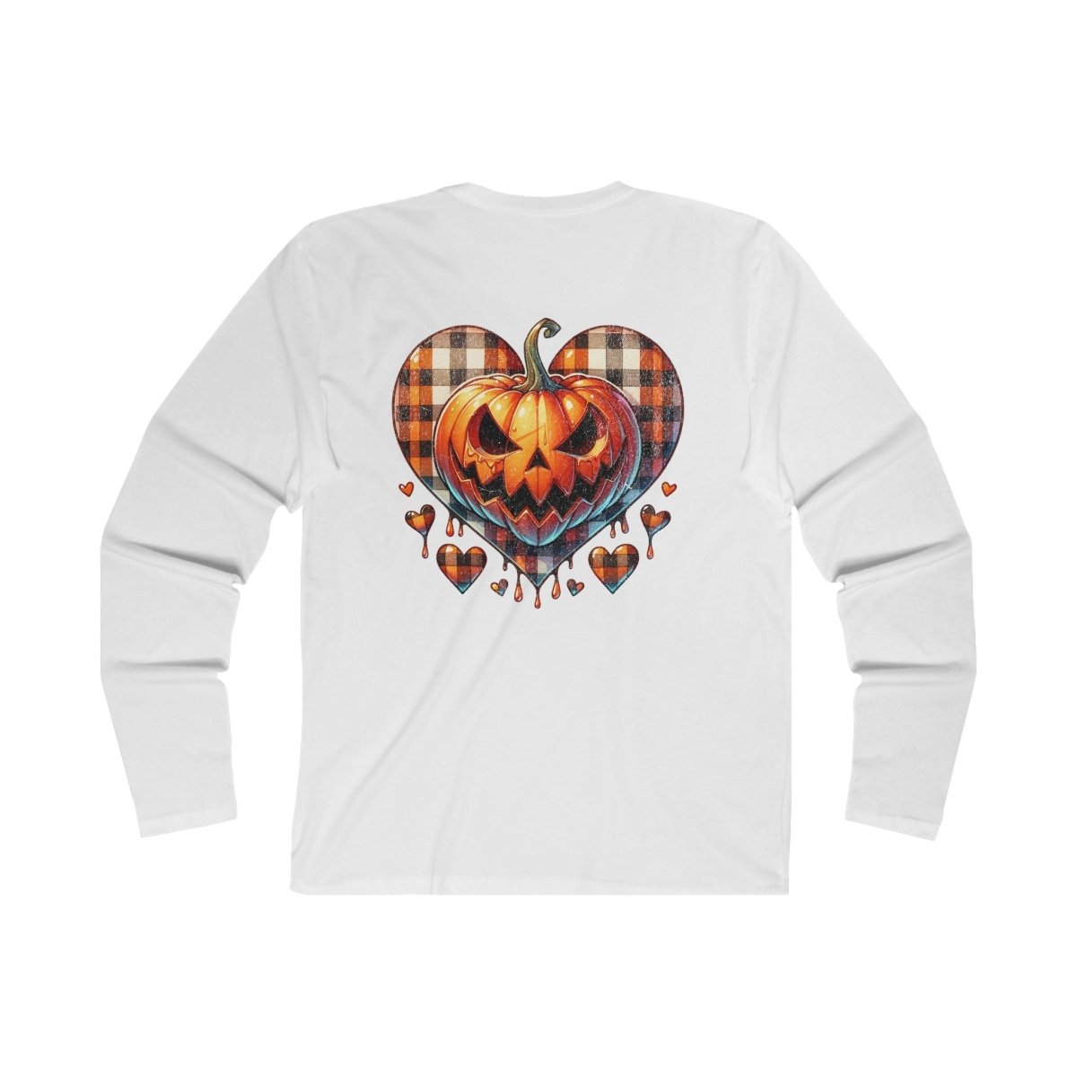 White long-sleeve shirt featuring a spooky pumpkin heart graphic, perfect for Halloween. Sustainable spooky long sleeve.