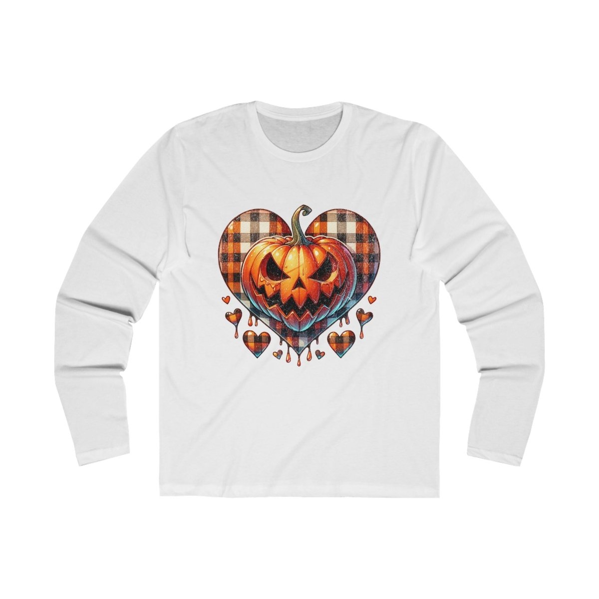 Sustainable spooky long sleeve shirt featuring a pumpkin heart design with plaid and drips