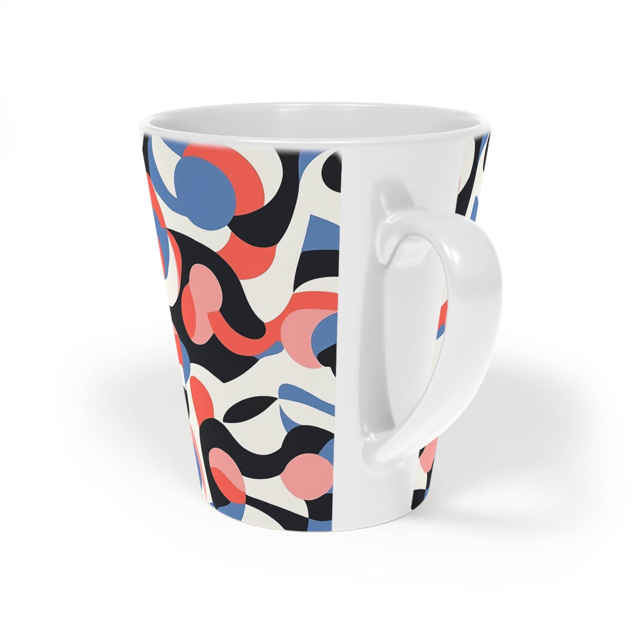 Printify sustainable swirl latte mug with colorful abstract swirl pattern on white ceramic